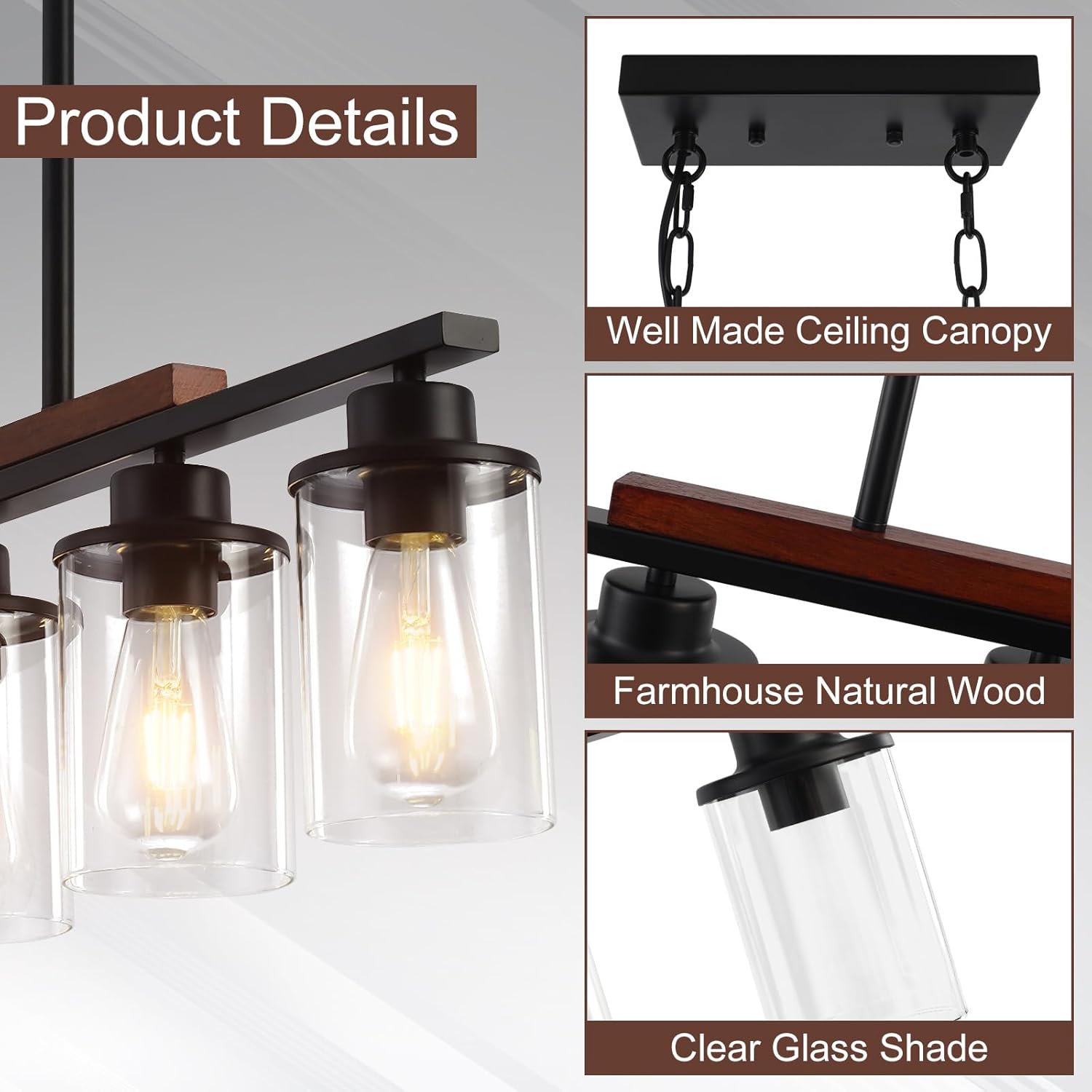 Kitchen Island Lighting – Lámparas de comedor de 5 luces sobre mesa, candelabros negros de granja para comedor con pantalla de vidrio transparente y