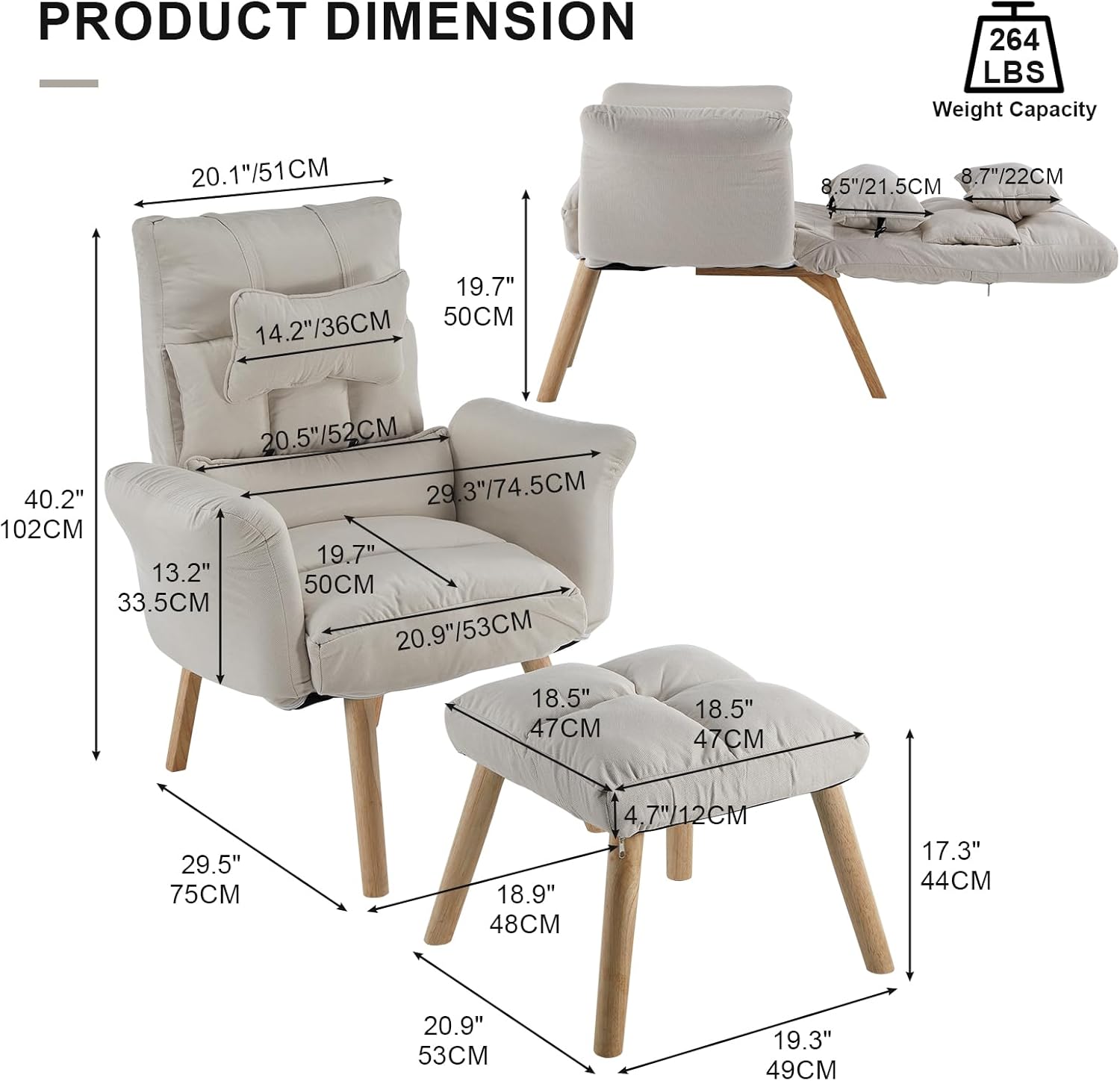 CLIPOP Silla decorativa moderna con otomana, sillón de tela de lino con respaldo ajustable (5 ángulos), patas de madera maciza, cómoda silla de