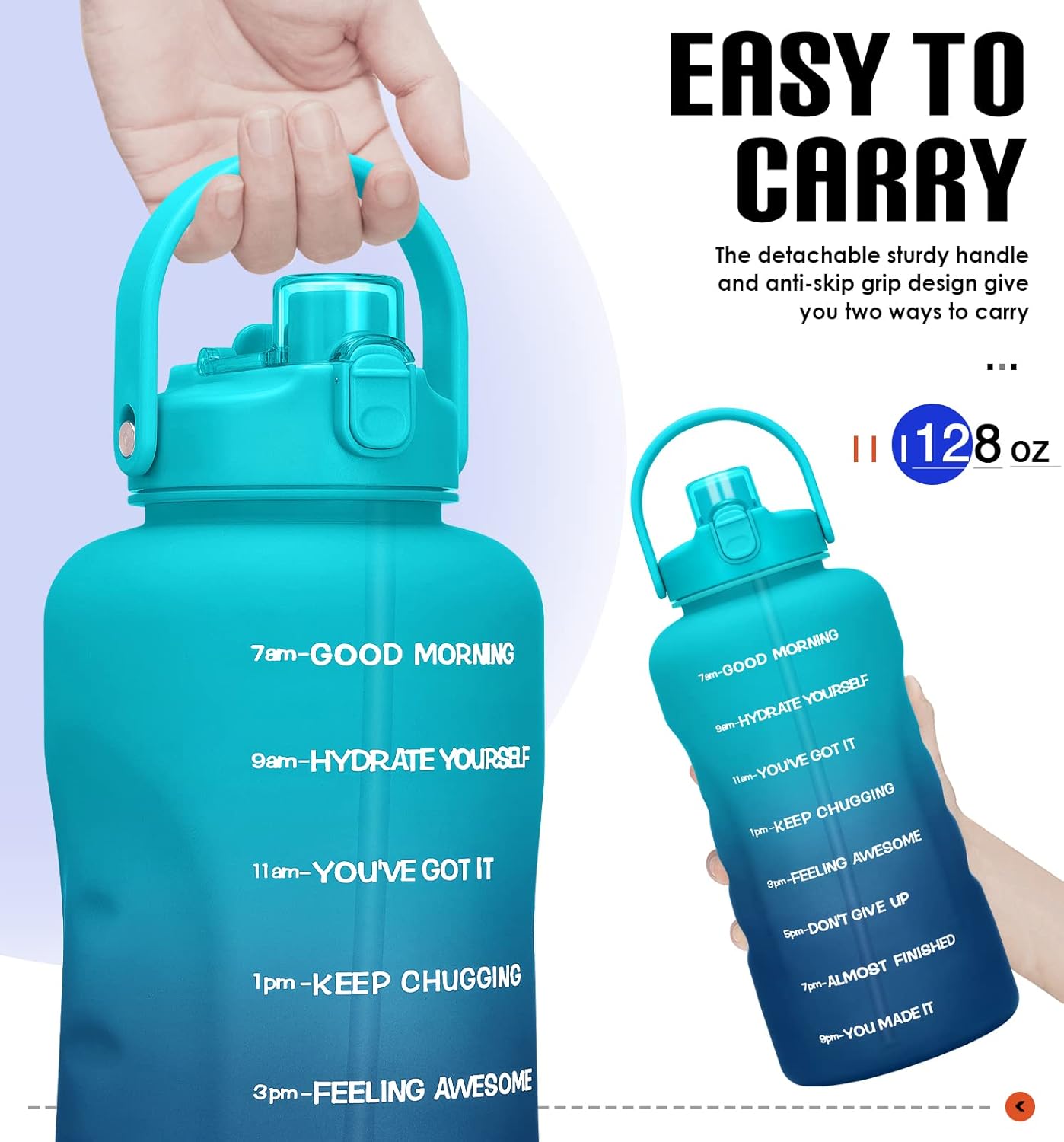 Botella de agua de un galón con popote, 128 onzas (3.8 L), libre de BPA – Innovadora botella deportiva con tapa 2 en 1 con recordatorios