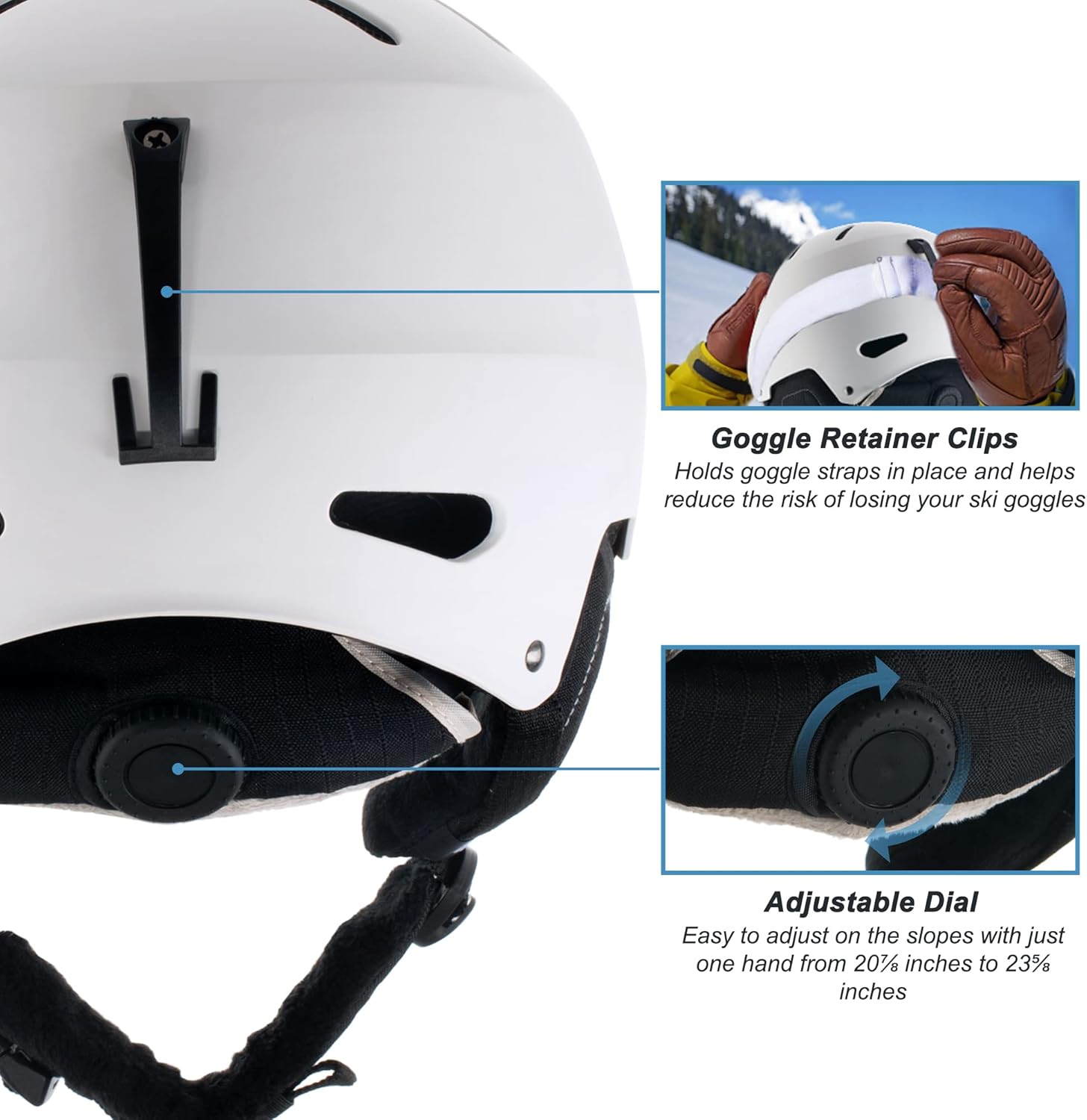 MONATA Casco de esquí para snowboard, ajuste de esfera, compatible con gafas, almohadillas para las orejas, cascos de esquí con doble certificación