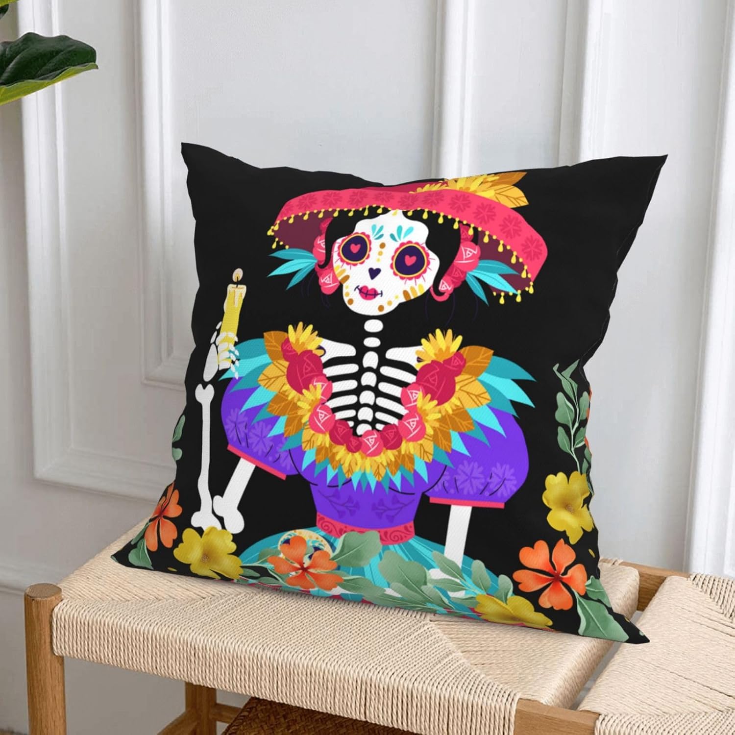 4 fundas de almohada mexicanas del Día de los Muertos, fundas de almohada con diseño de acuarela floral de calavera de azúcar, funda de cojín
