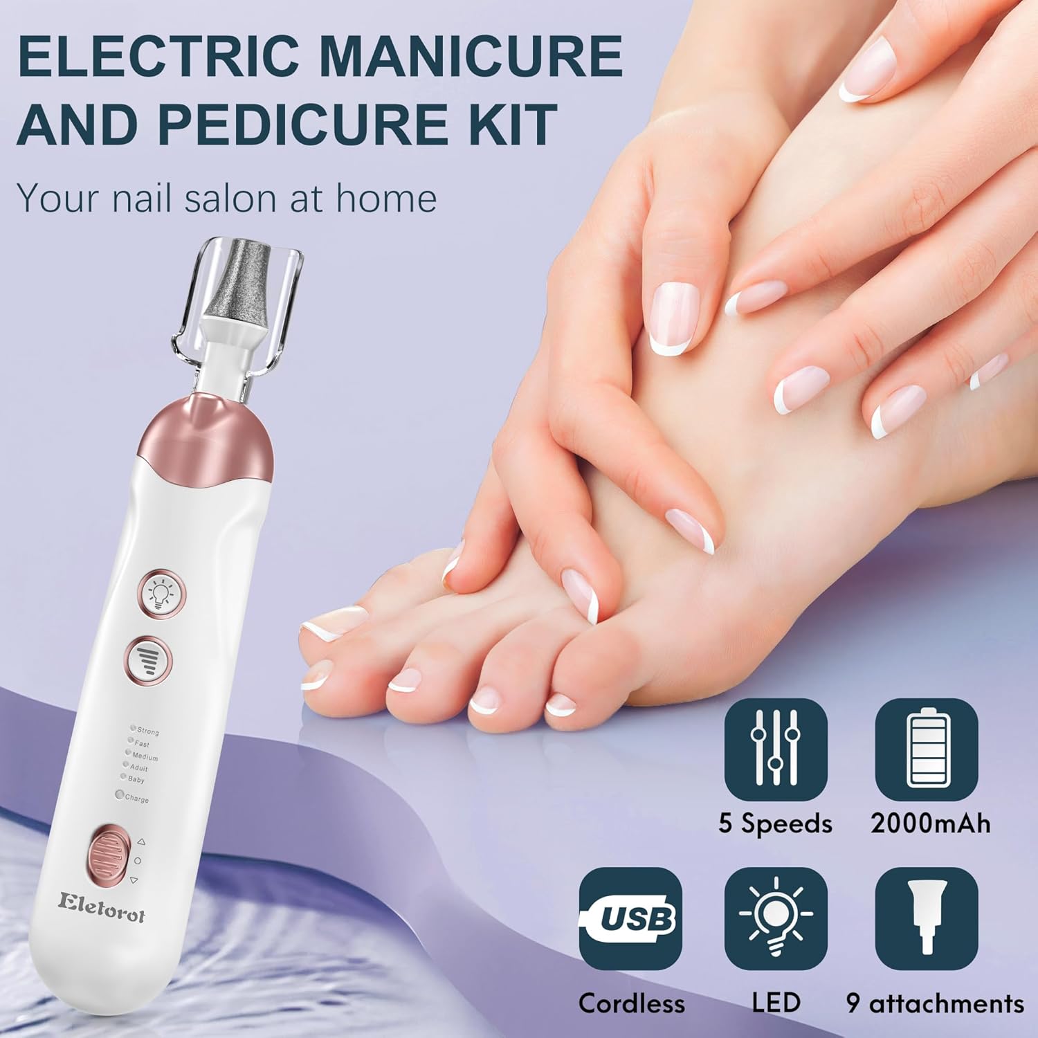 Eletorot Juego de limas eléctricas de uñas, 8 en 1, kit profesional de manicura y pedicura, herramientas de pedicura inalámbricas para pies, máquina