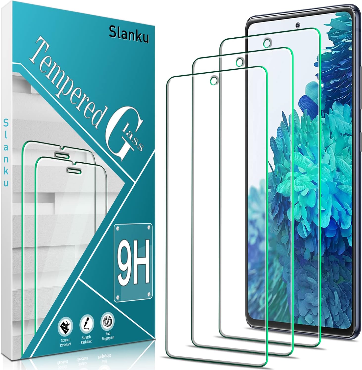 Slanku Paquete de 3 protectores de pantalla para Samsung Galaxy S20 FE, vidrio templado S20 FE 5G, compatible con lector de huellas dactilares, sin