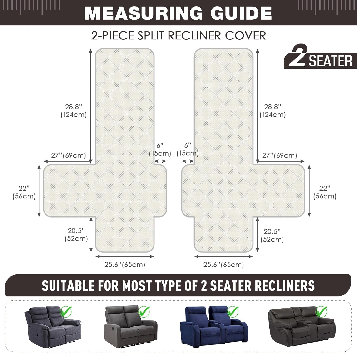 TAOCOCO Funda reclinable 100% impermeable, fundas antideslizantes para sofá biplaza reclinable con correas elásticas, silla reclinable