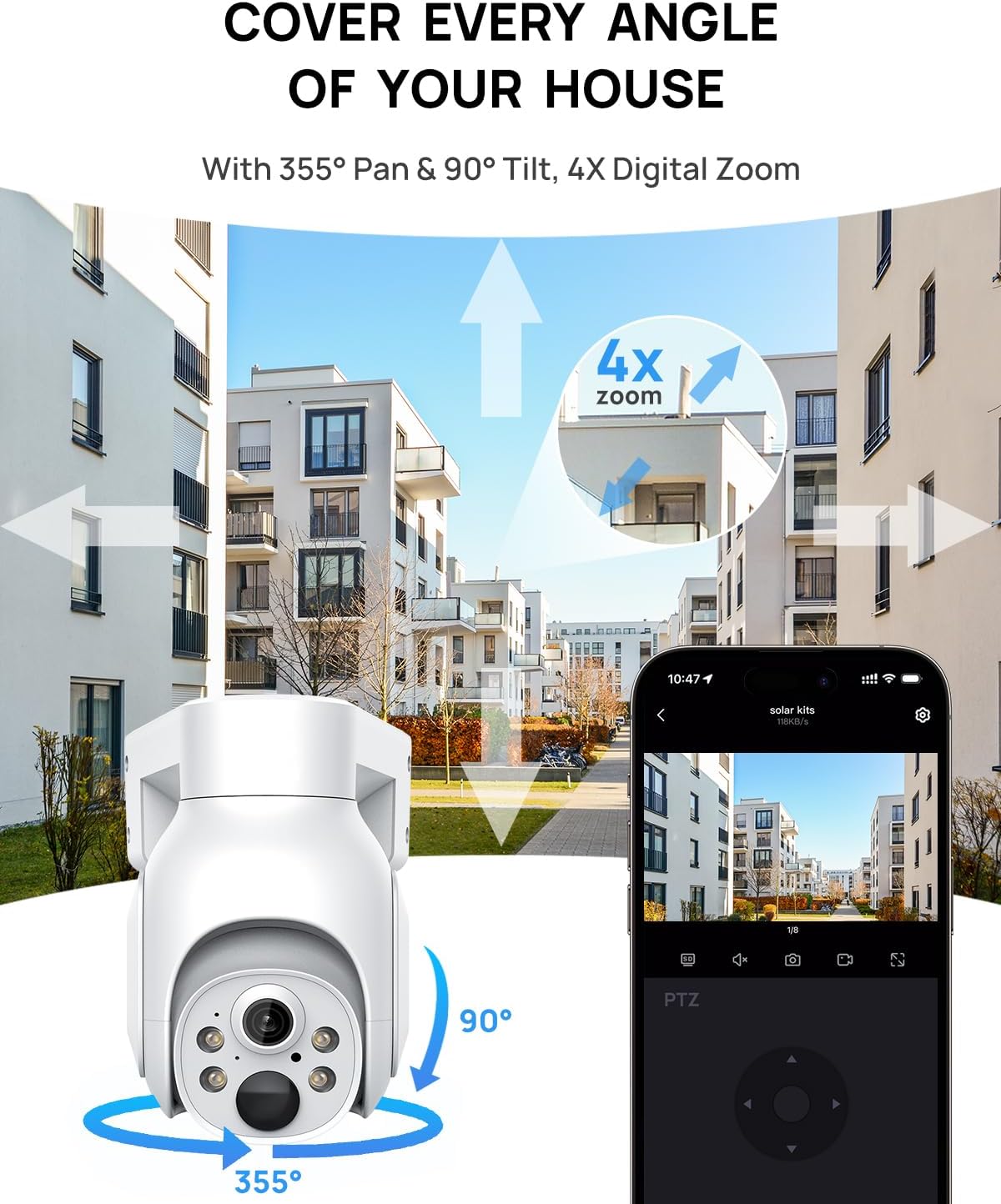 Cámaras de seguridad inalámbricas para exteriores con foco Ultra HD, visión nocturna a color, cámara solar de 4 MP para exteriores con zoom digital