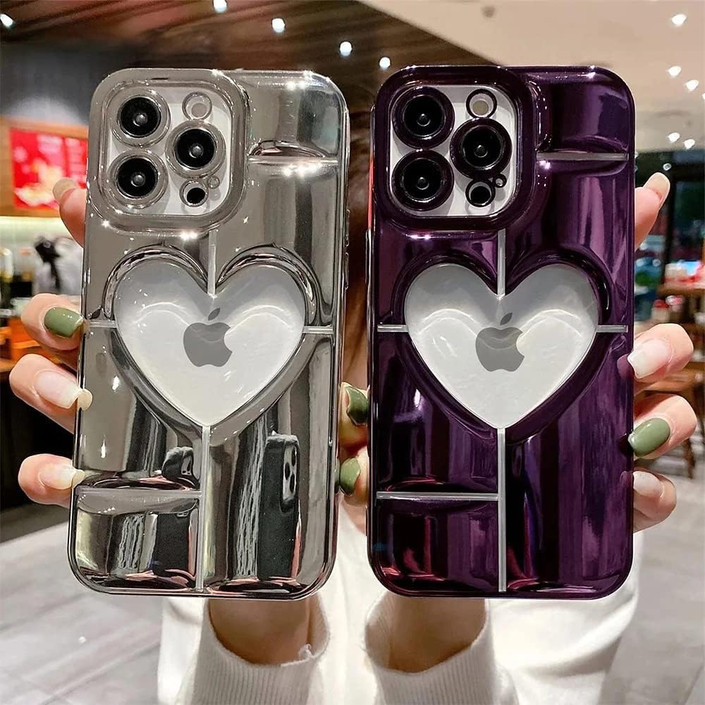 Casechics Funda compatible con iPhone, funda de lujo galvanizada con corazón hueco, protección para lente de cámara, suave a prueba de golpes