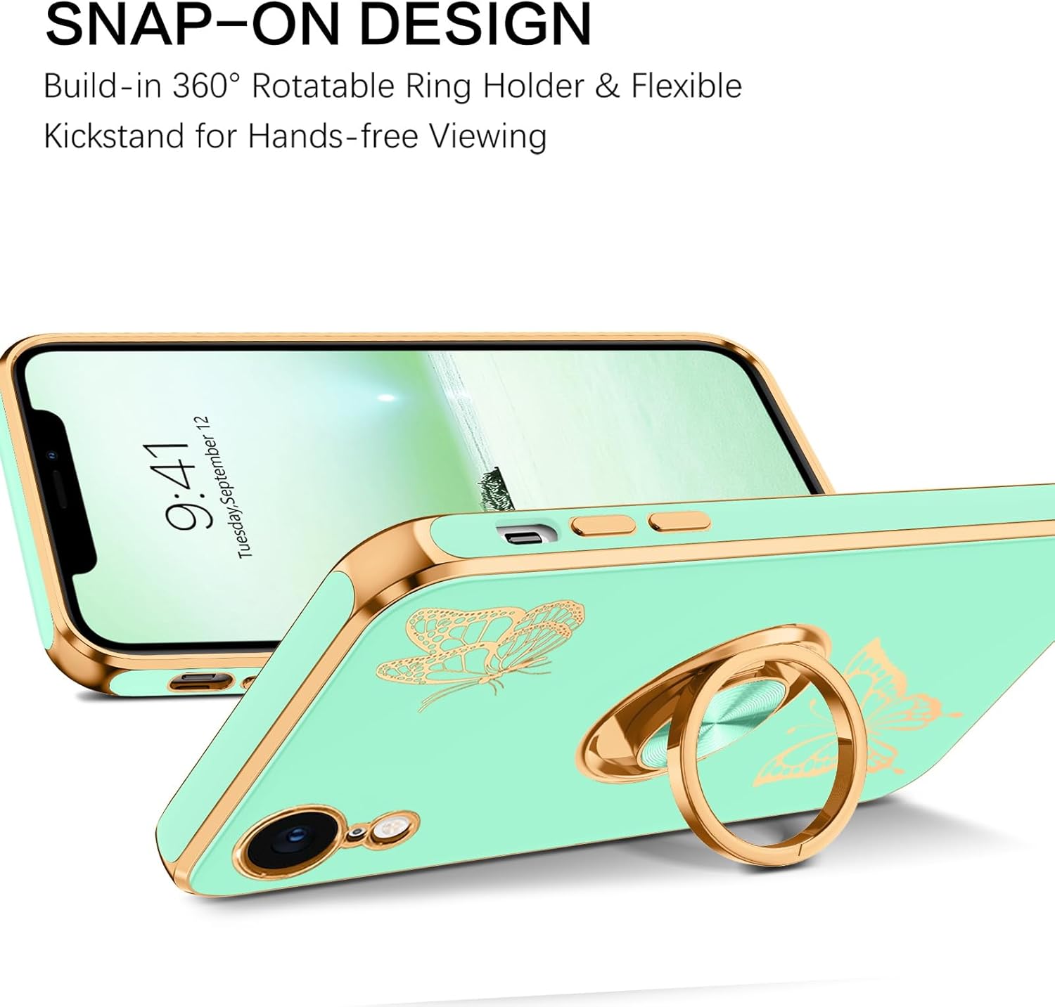 BENTOBEN Funda para iPhone XR, funda para teléfono iPhone XR 6.1, ajuste delgado, diseño de mariposa dorada, soporte de anillo de soporte de anillo