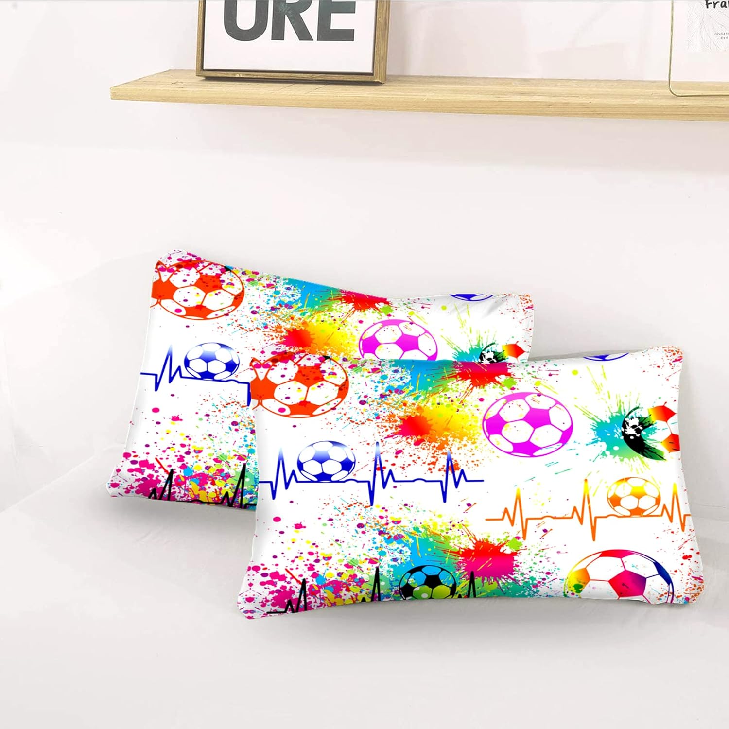 Brloote Juego de ropa de cama de pelota de fútbol con fundas de almohada a juego, tamaño individual, funda de edredón con temática deportiva de