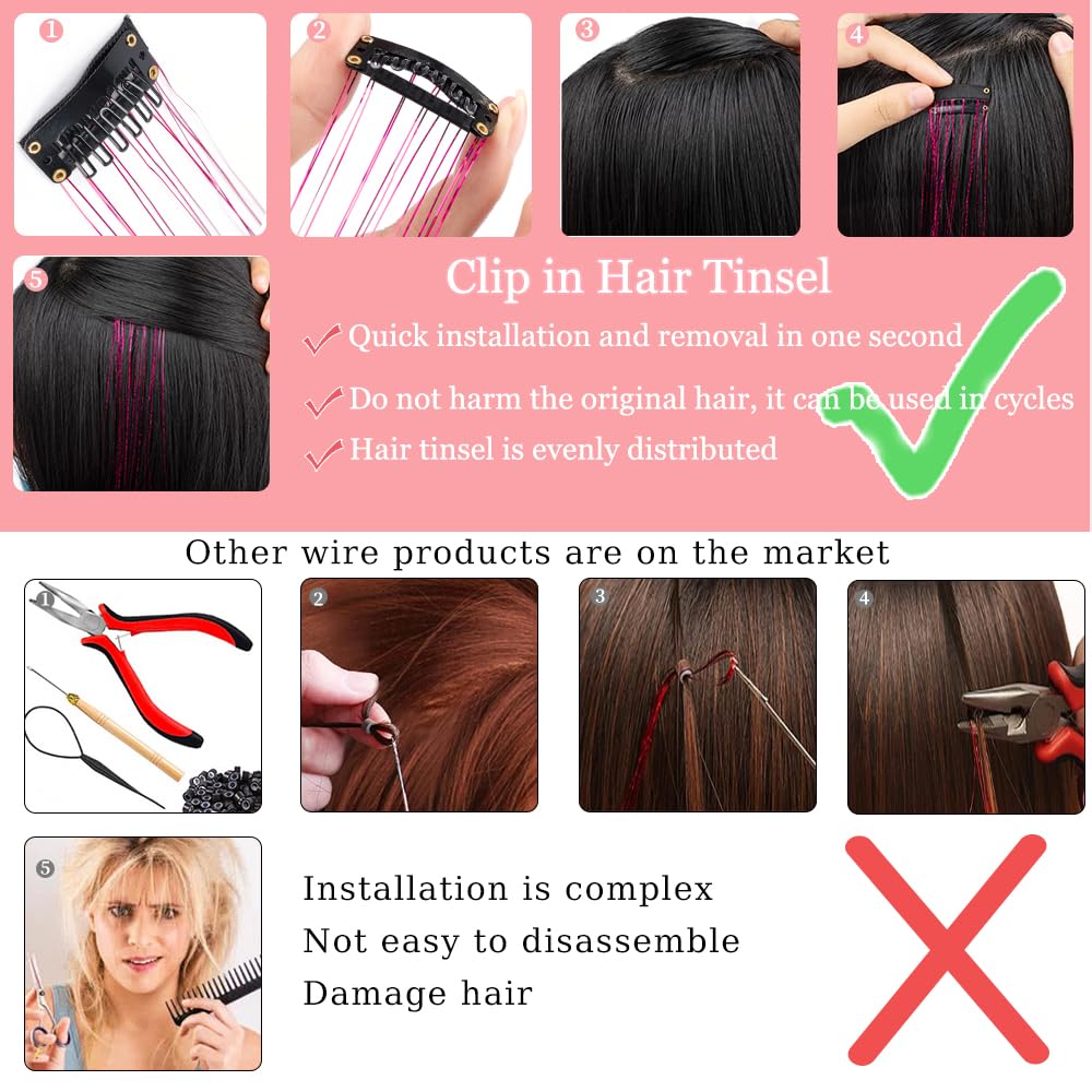 Paquete de 12 extensiones de cabello de oropel con clip de 20 pulgadas, extensiones de cabello de oropel con purpurina colorida para fiesta,