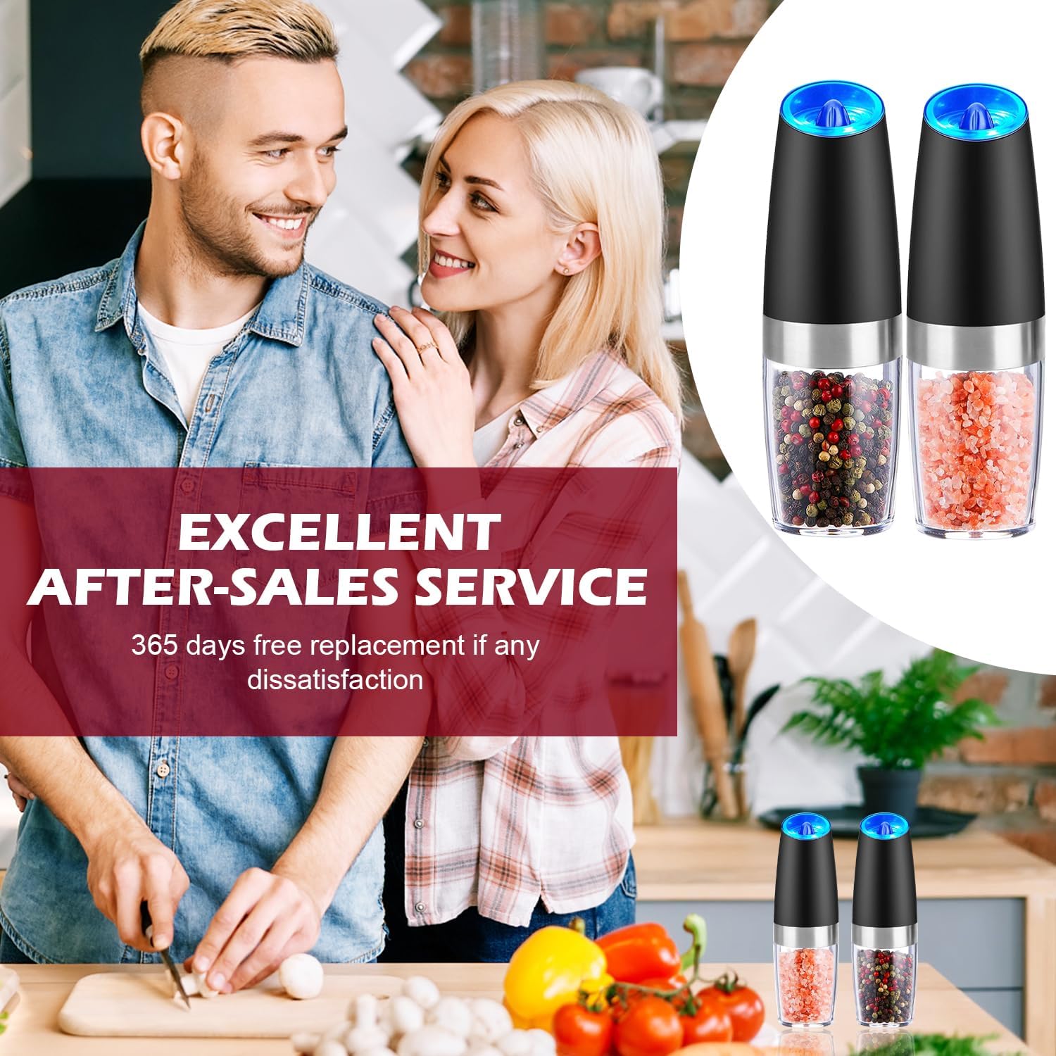 Gravity – Juego de molinillo eléctrico de pimienta y sal, grosor ajustable, con luz LED, operación automática con una mano, acero inoxidable negro,