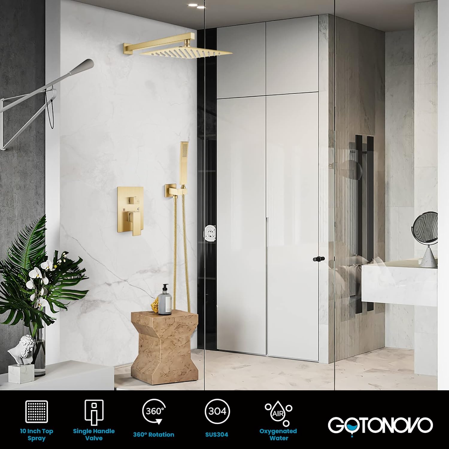 gotonovo Sistema de ducha de lluvia dorado cepillado con alta presión de 10 pulgadas de cabezal de ducha cuadrado y mango para baño, montado en la