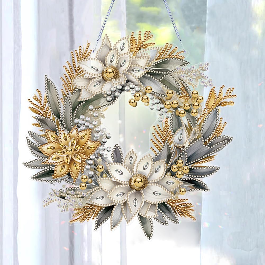 AZURAOKEY Cartel colgante de corona de pintura de diamantes de Navidad, kit de arte de diamantes de forma especial, adorno de corona de acrílico,