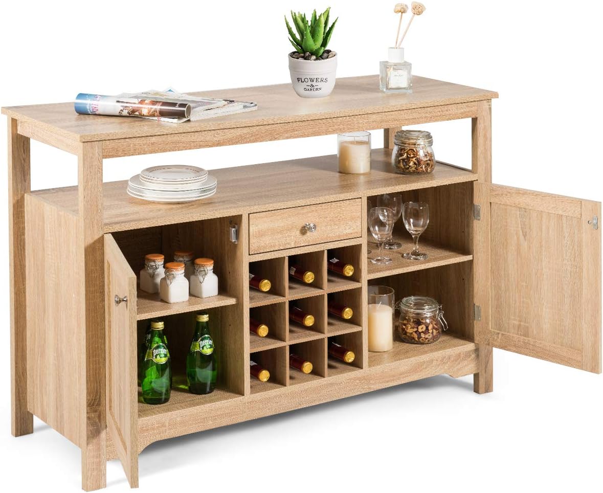 COSTWAY Armario buffet con almacenamiento, aparador de almacenamiento de cocina con 9 estantes para vino, 2 gabinetes, 1 cajón, estante abierto,