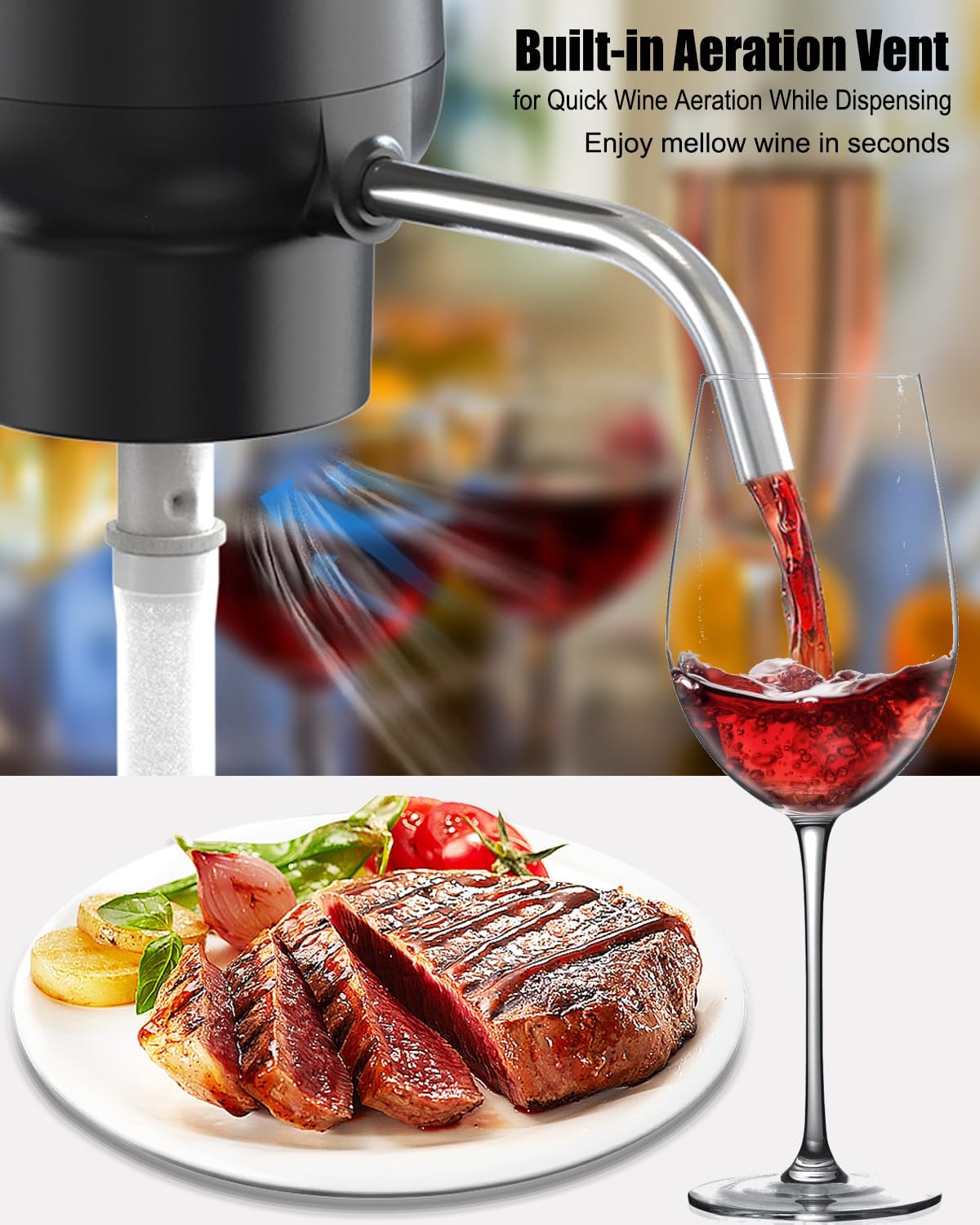 DERGUAM – Vertedor de vino eléctrico, aireador de vino recargable con 2 tapones de vino, aireador automático portátil de un botón con cortador de