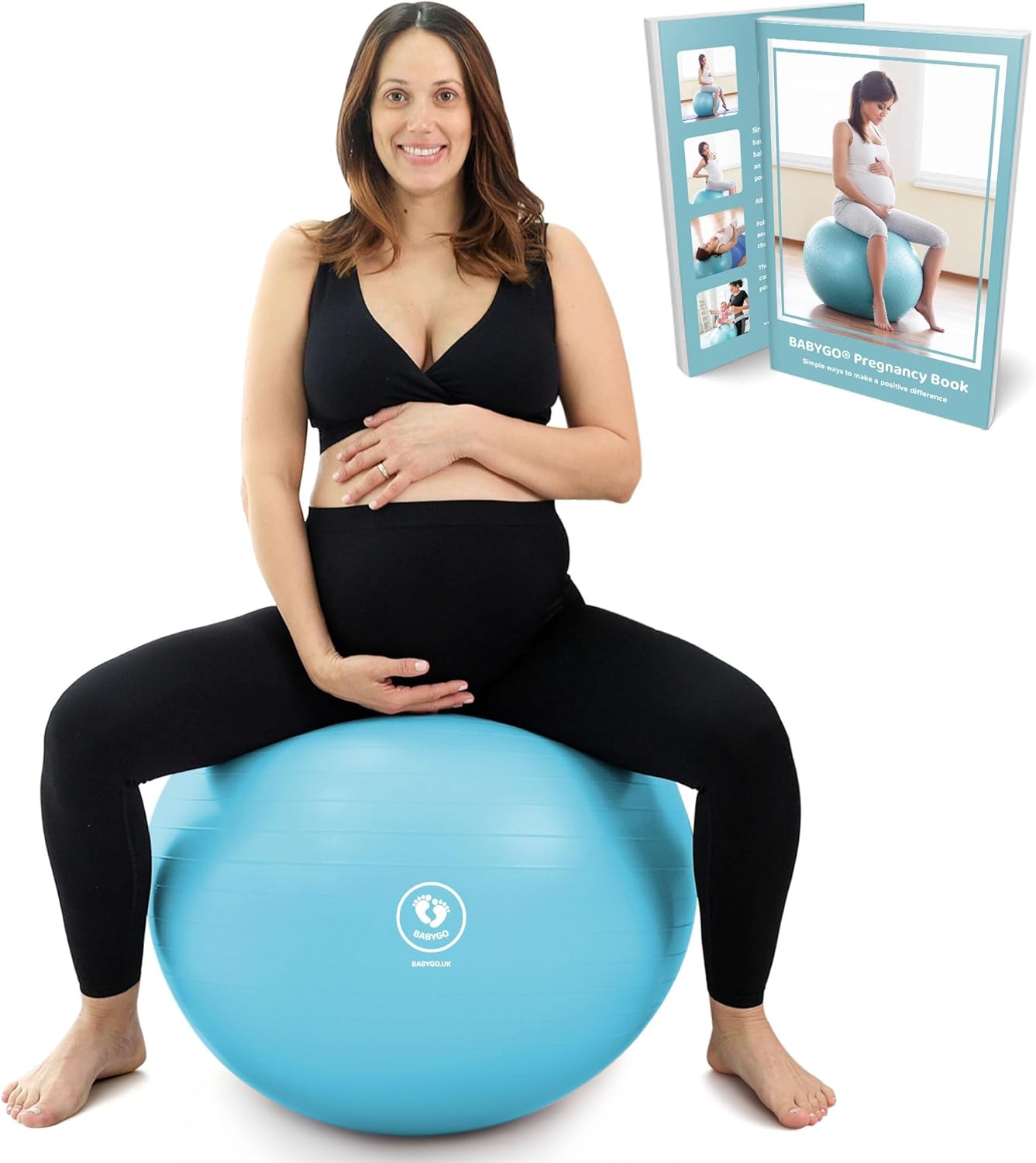 BABYGO Bola de parto  Juego de pelota y libro de yoga y ejercicio para embarazo, objetivo trimestre, fisio de maternidad, plan de nacimiento y