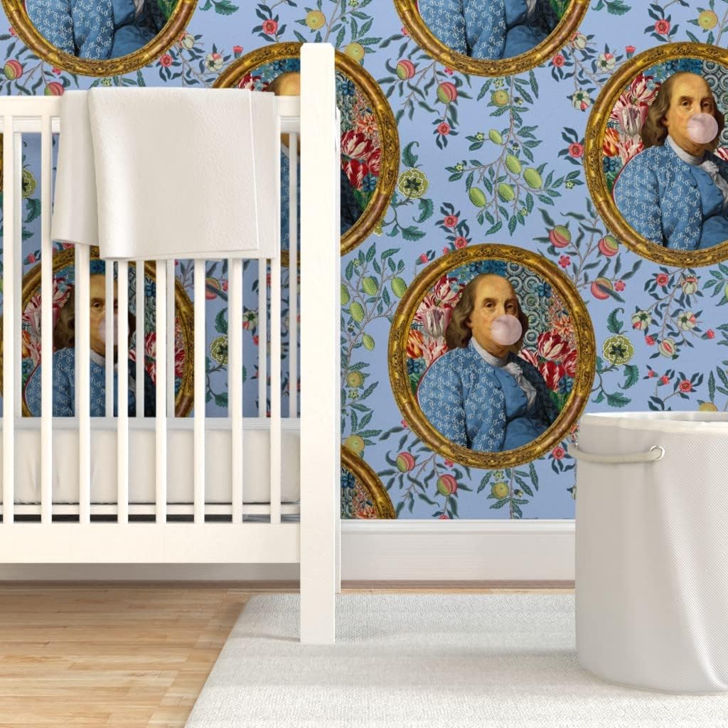 Spoonflower Papel tapiz extraíble de 12 x 2 pies  Benjamin Franklin Bubblegum Retrato Floral Estampado Azul Novedad Papel pintado personalizado