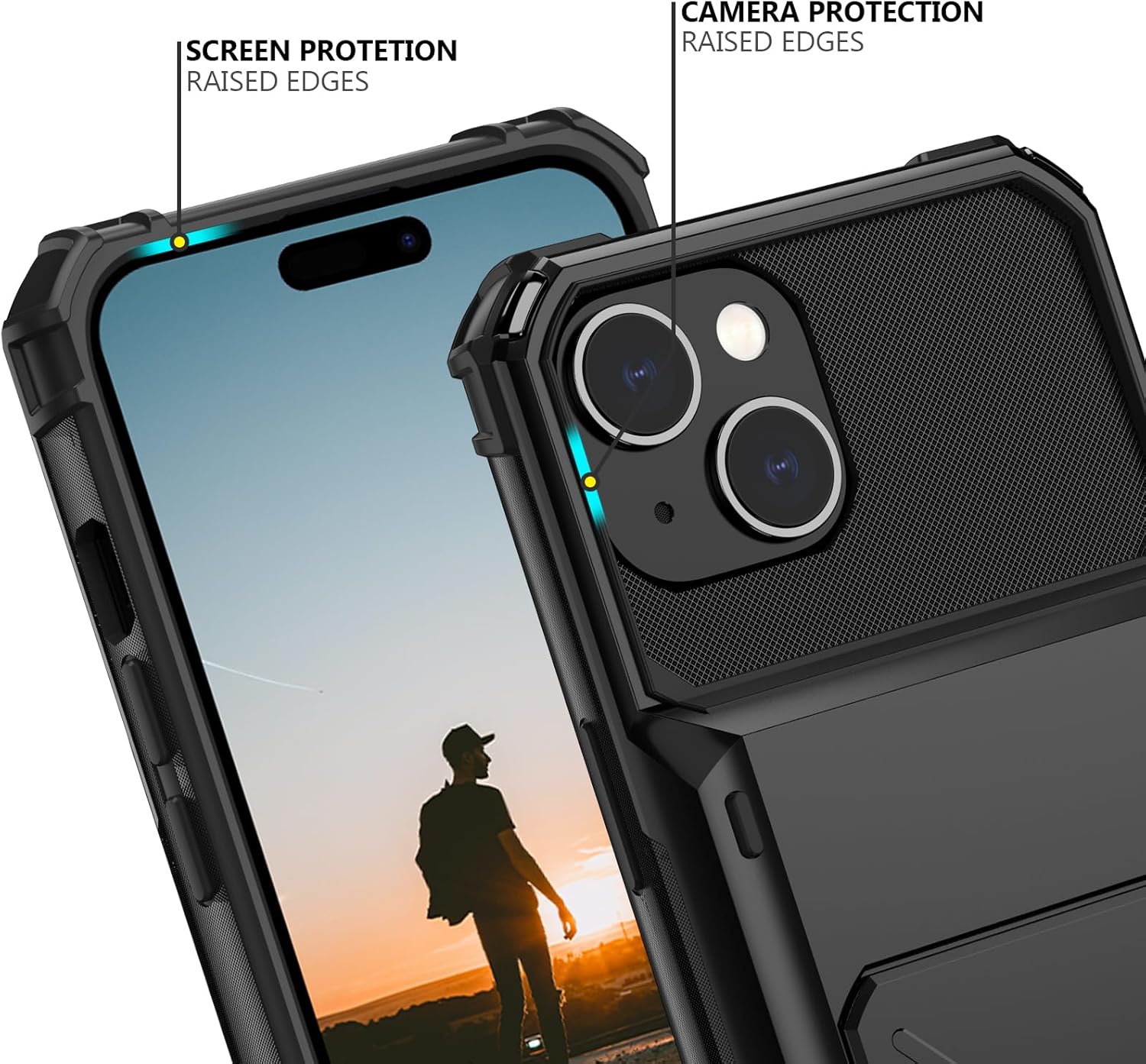 Nvollnoe Funda compatible con iPhone 15 con tarjetero almacena 5 tarjetas Funda de doble capa resistente a prueba de golpes con ranura oculta para