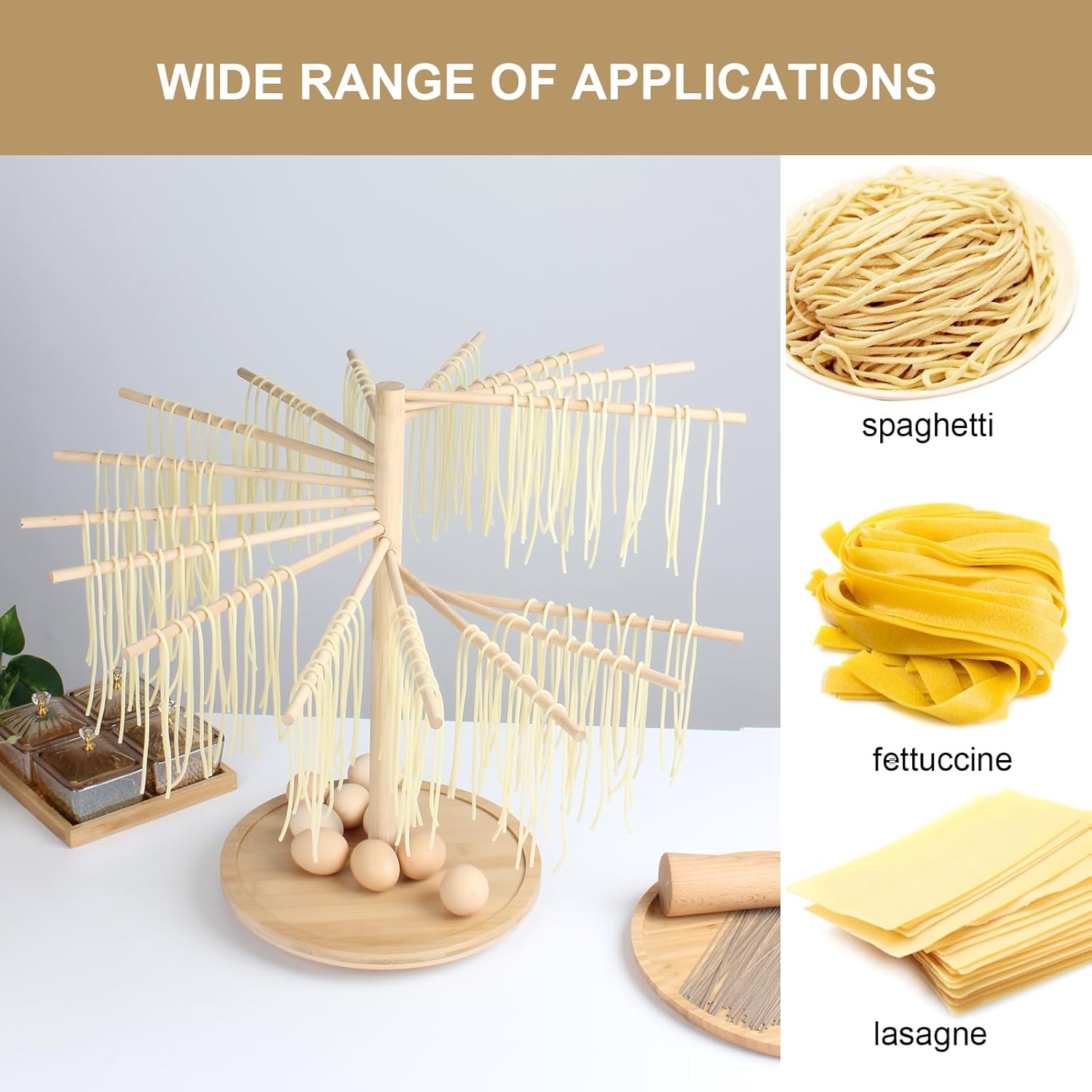 Kcgani Estante de secado plegable para pasta, estante de secado para fideos con bandeja giratoria, soporte grande de madera de bambú para secadora