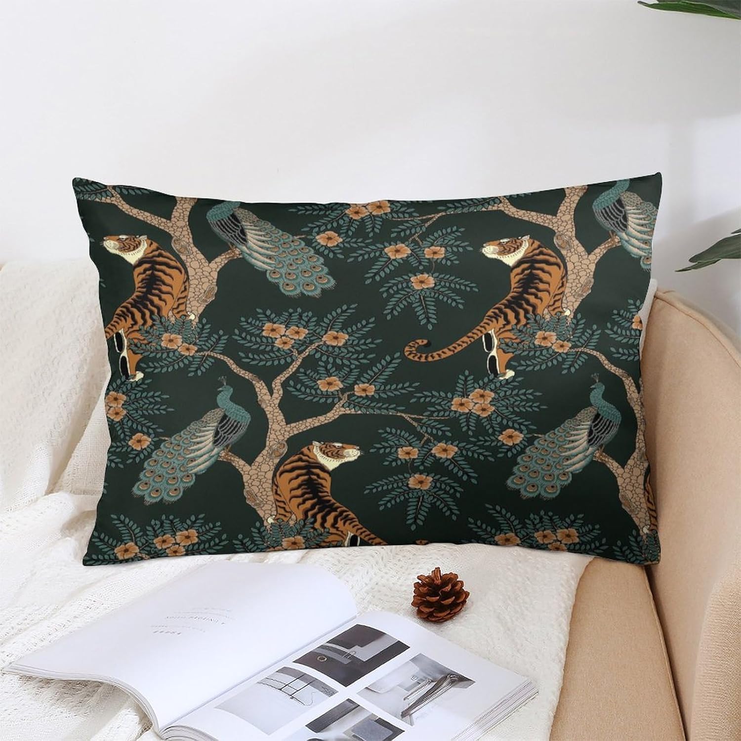 Funda de almohada decorativa rectangular con diseño de tigre y pavo real, decoración del hogar para sala de estar, sofá o automóvil, funda de cojín
