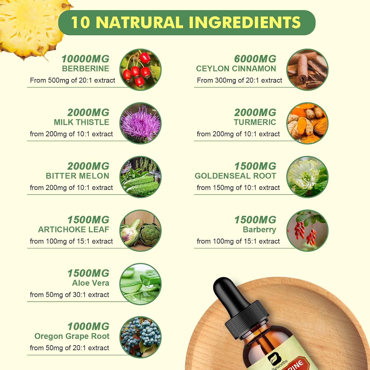Suplemento de berberina prémium  Gotas líquidas de berberina con cúrcuma, melón amargo, cardo mariano, canela de Ceilán, suplemento vegetal de