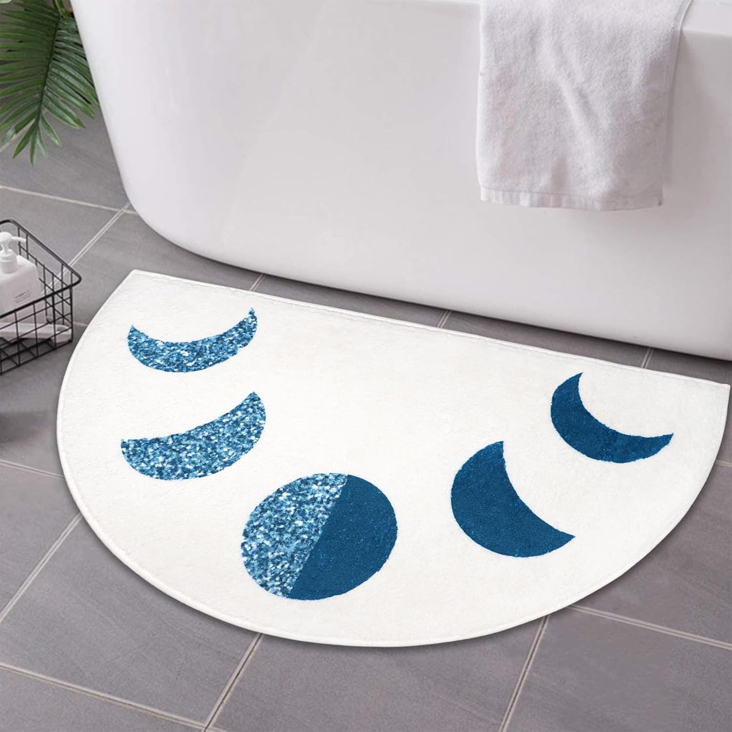 Jizrecly Tapete de baño bohemio semicírculo, tapete de baño bohemio semicircular, antideslizante, sol y luna, alfombra media redonda para baño y