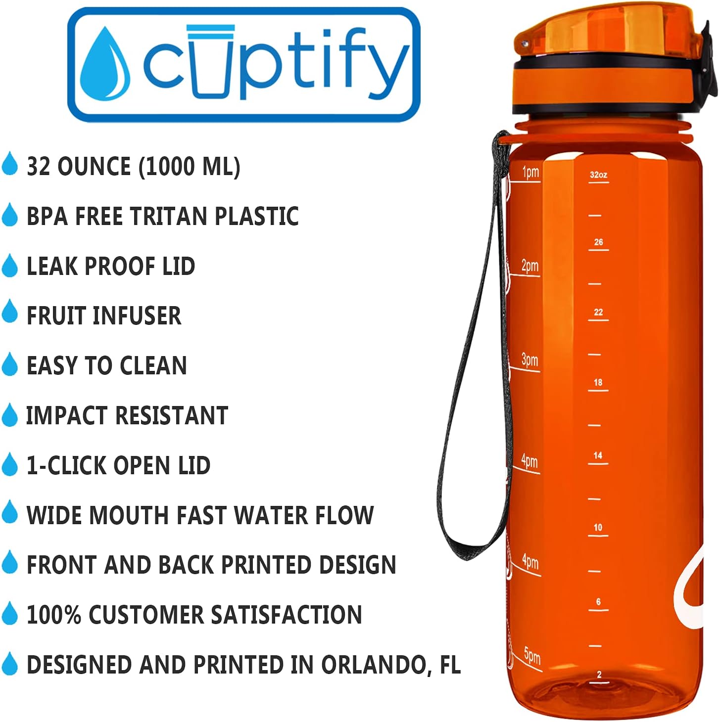 Botella de agua personalizada para niños, naranja brillante, 32 onzas, motivacional, fitness, deportes, con marcador de tiempo, boca ancha, a prueba