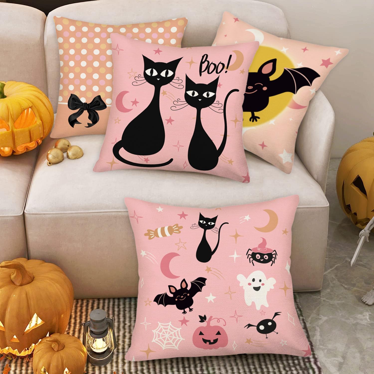 Juego de 4 fundas de almohada rosas con diseño de gatos negros, arañas abucheantes, fantasmas, murciélagos, luna, calabaza, lunares, vacaciones,