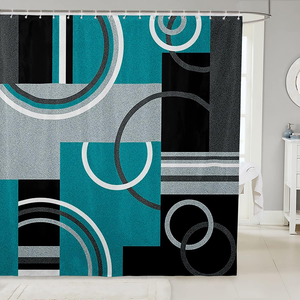 Cortina de ducha moderna turquesa de 72 pulgadas de ancho x 72 pulgadas de largo, cortinas de baño con círculos geométricos para niños, niñas,