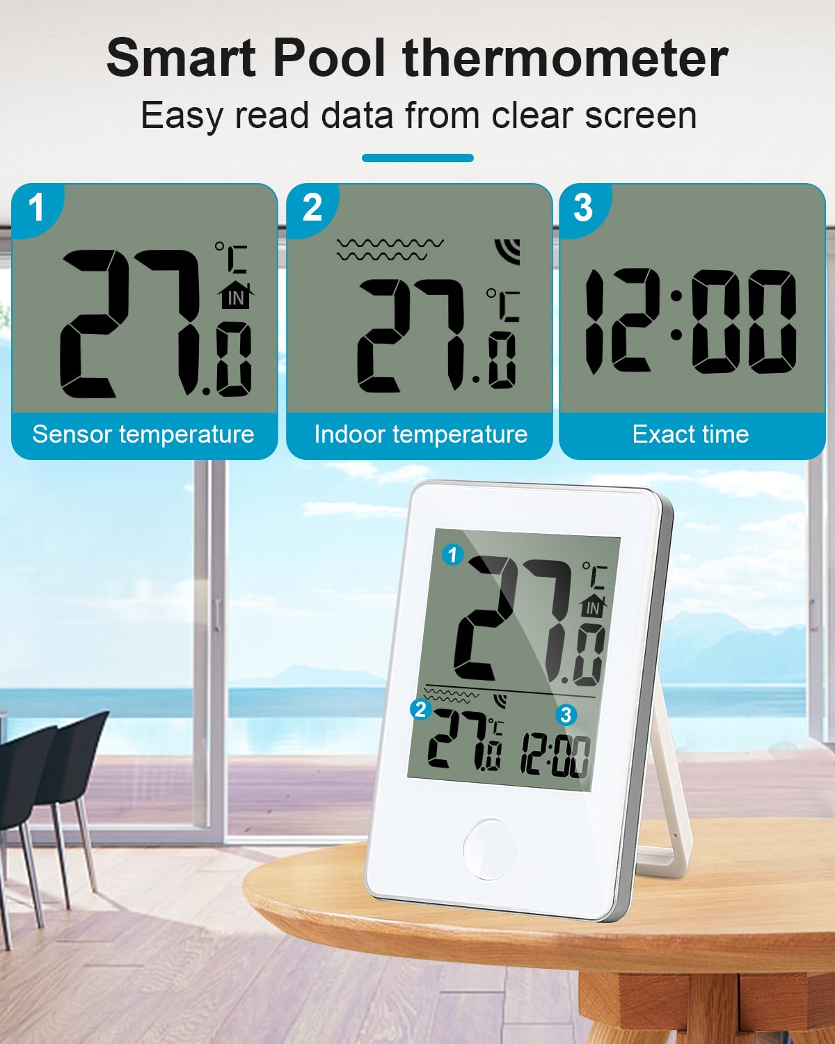 Termómetro digital para piscina al aire libreinterior, inalámbrico, flotante, fácil lectura, IP67, impermeable, con monitor de temperatura para