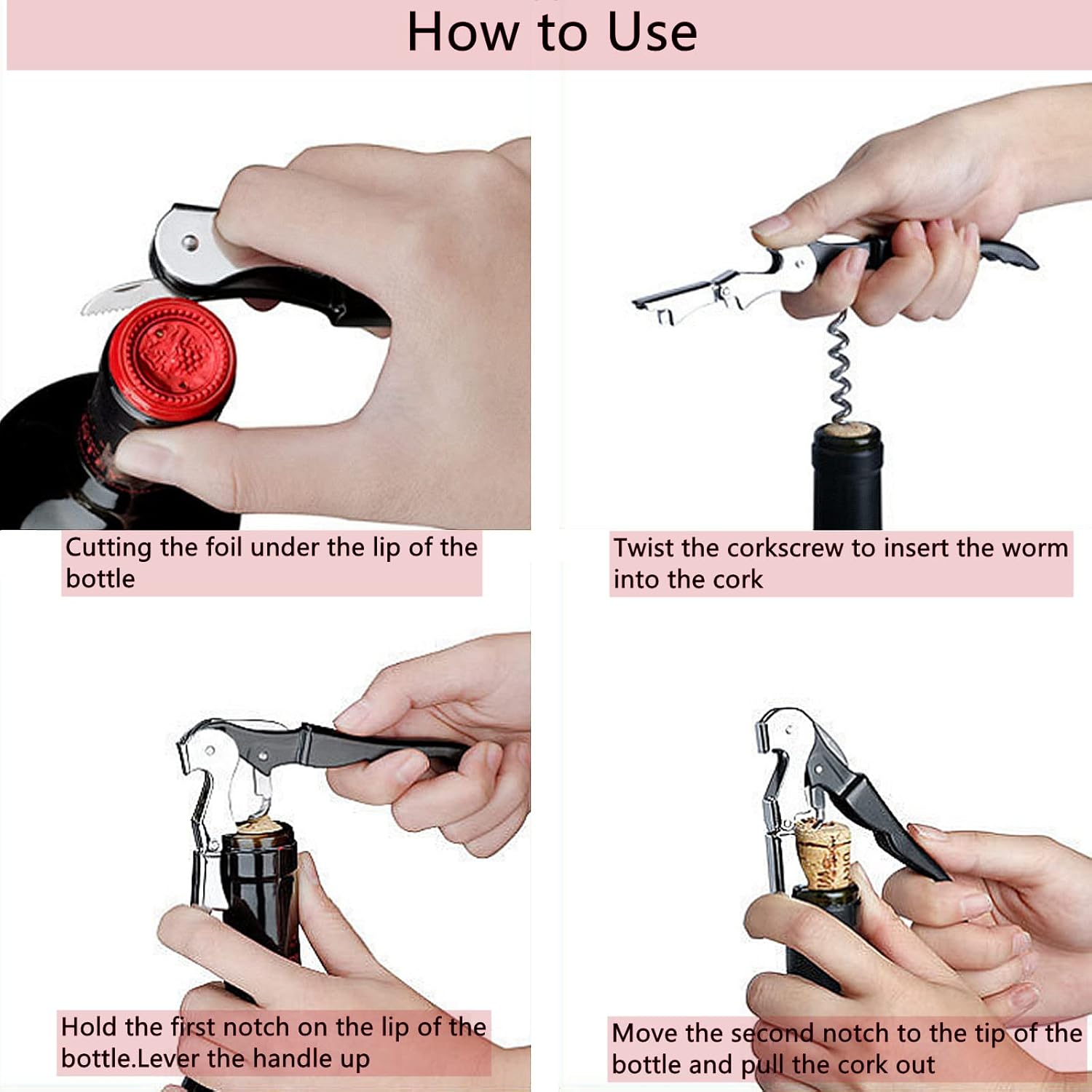 Sacacorchos de acero inoxidable para camarero, paquete de 4, abridor de vino de viaje, llave de vino profesional manual para servidores, sacacorchos