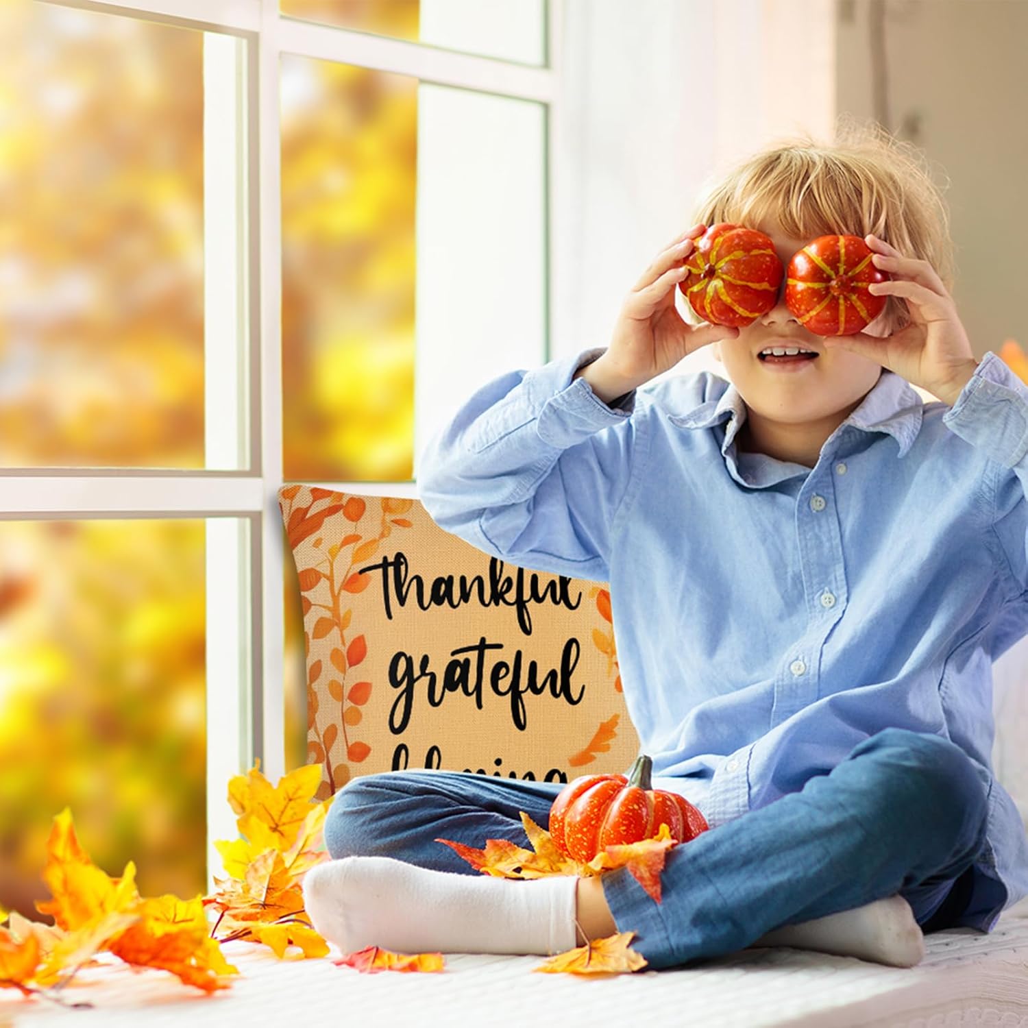 ARTHMOM Juego de 4 fundas de almohada de otoño de 18 x 18 pulgadas para decoración de otoño, diseño de calabaza con texto en inglés Happy Autumn