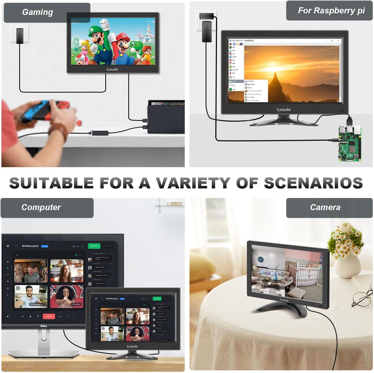 Lrtzcbi Monitor pequeño de 13.3 pulgadas HD 1366x768P Mini monitor HDMIVGABNCUSBAV Puerto HDMI Monitor para Raspberry Pi TV Computadora Cámara