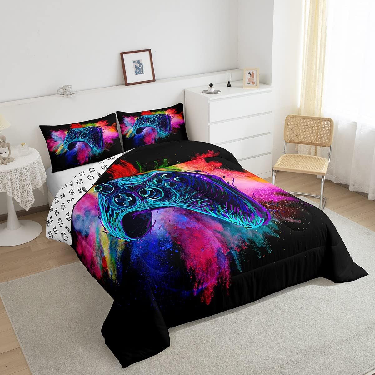 Erosebridal Juego de edredón de cama con estampado de videojuegos para niños, tamaño King, juego de ropa de cama para niños y niñas, colorido
