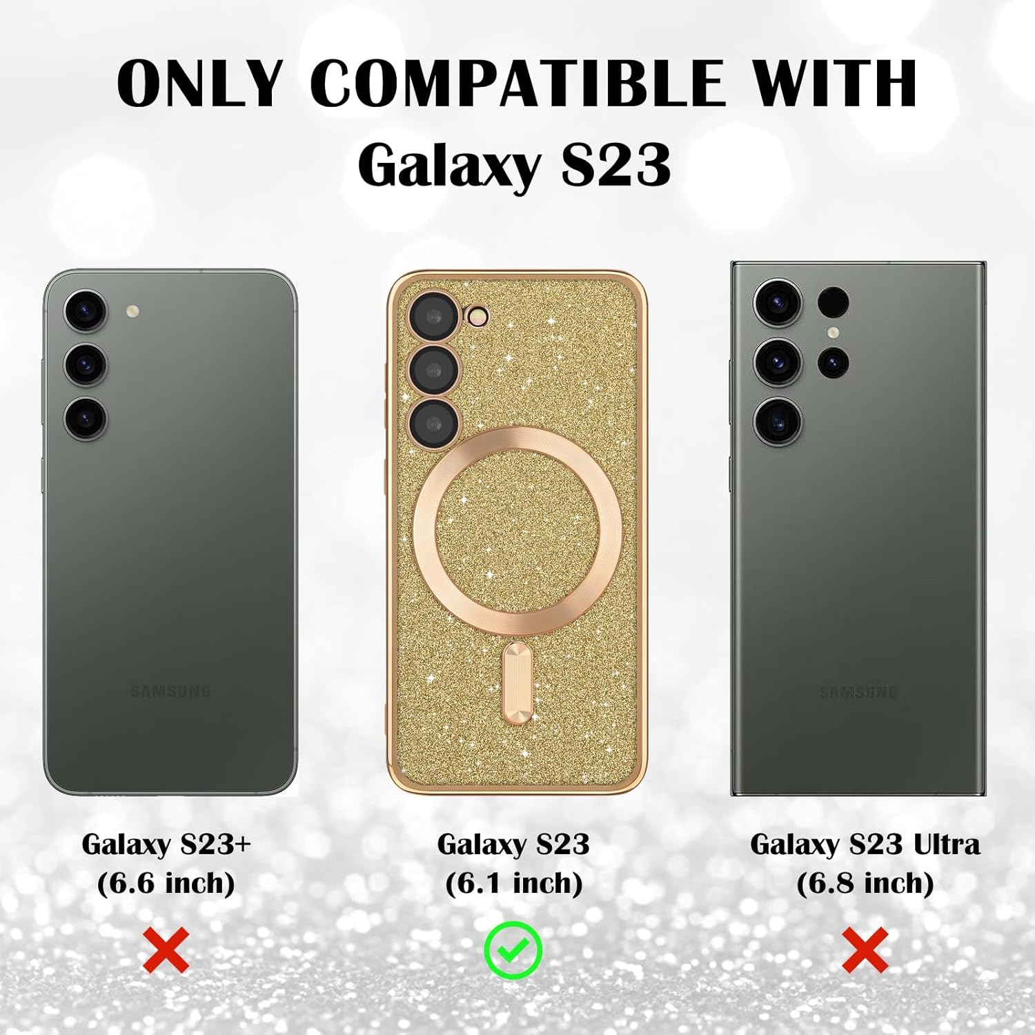 Newseego Funda magnética para Samsung Galaxy S23, funda con purpurina brillante, TPU suave, protección completa de la lente de la cámara, funda