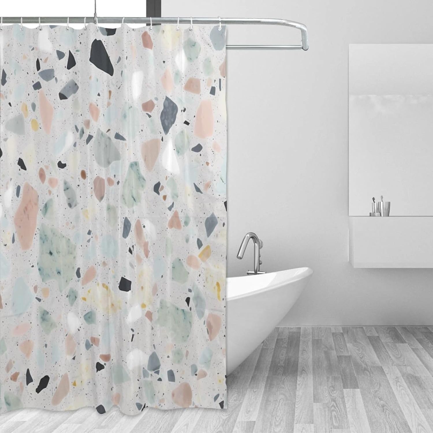 Cortina de ducha para baño con 12 ganchos, cortinas de ducha impermeables, cortina de baño de mármol de terrazo, cortina de baño pastel, decoración