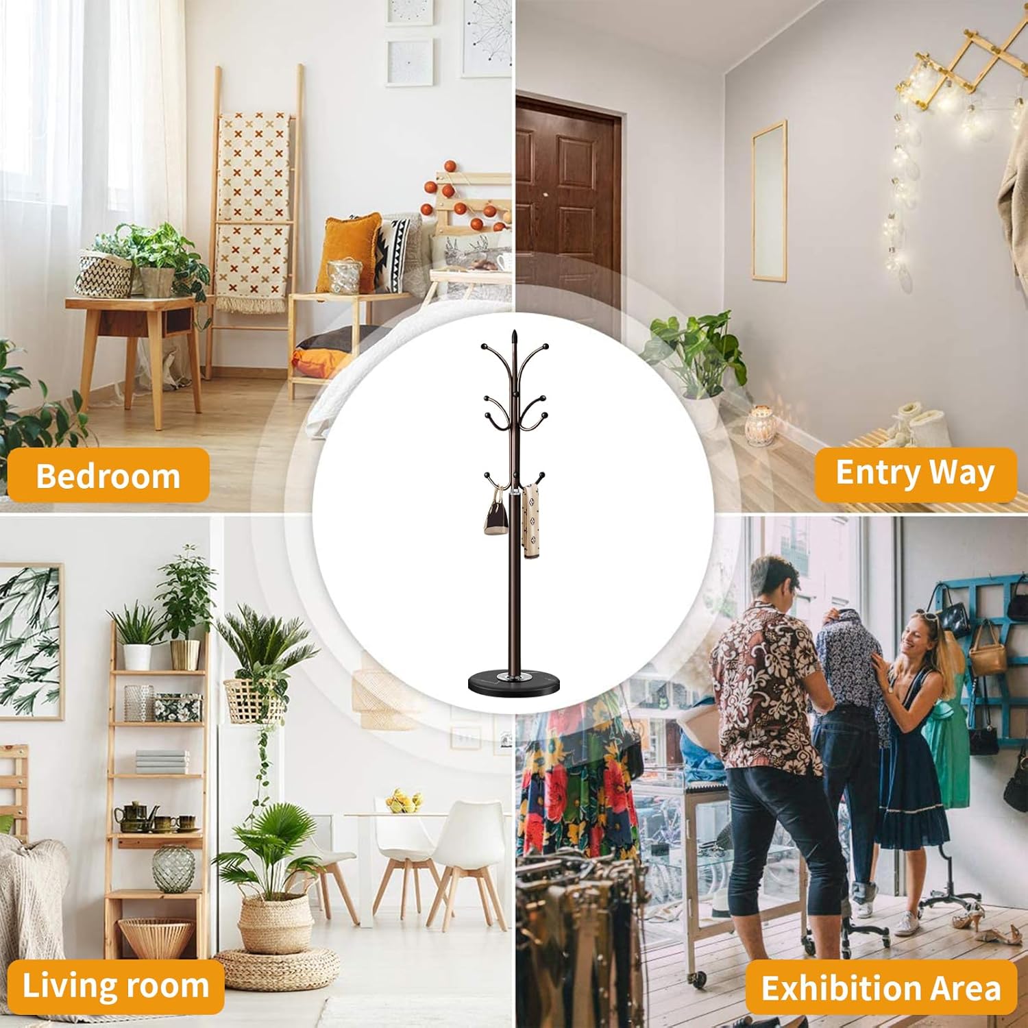Perchero de metal con base de mármol natural, perchero independiente, árbol de pasillo independiente con 12 ganchos para colgar ropa, bolsos,