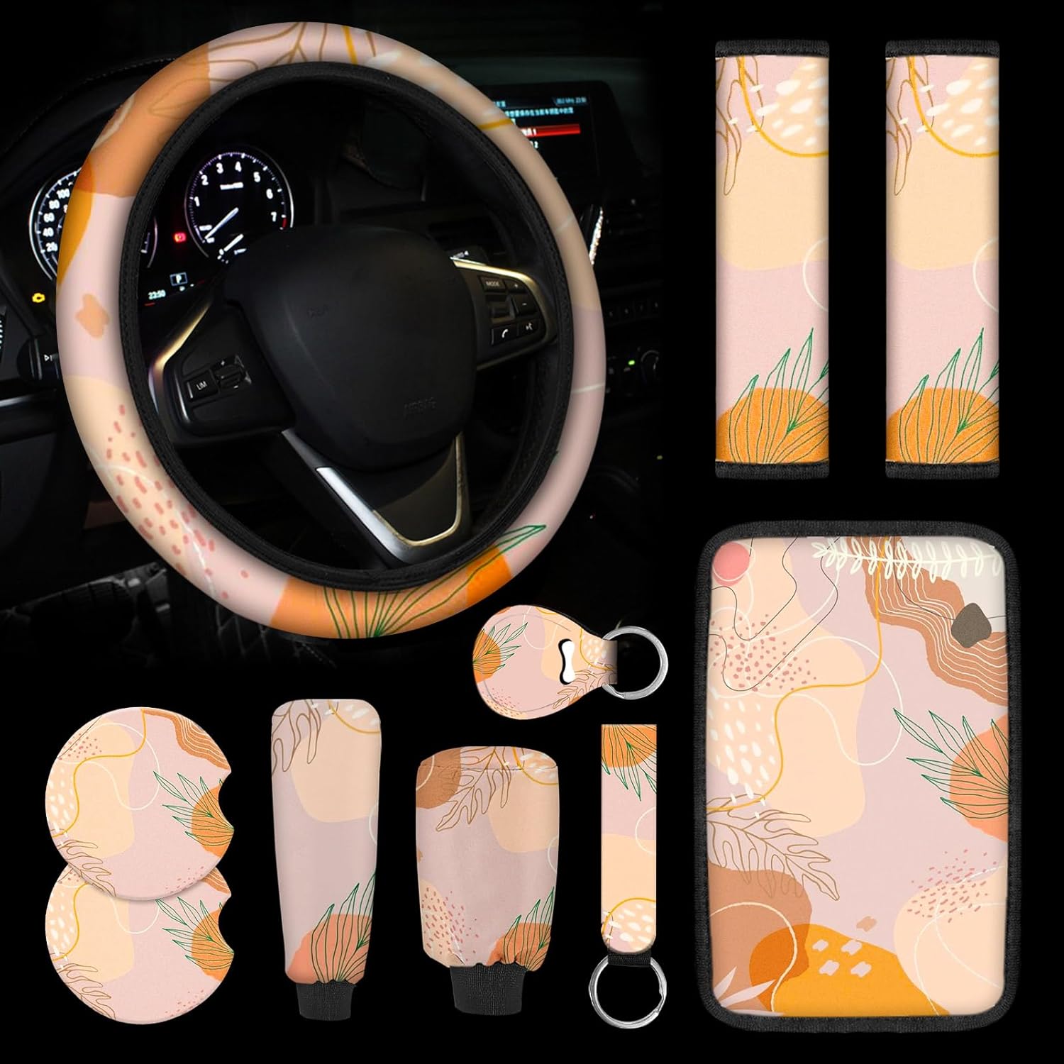 Funda para volante de automóvil con estampado de hojas rosas y naranjas, 10 unidades, almohadilla para reposabrazos de consola central, funda para