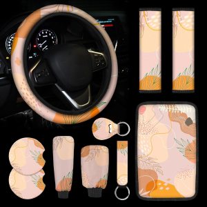 Funda para volante de automóvil con estampado de hojas rosas y naranjas, 10 unidades, almohadilla para reposabrazos de consola central, funda para Funda para volante de automóvil con estampado de hojas rosas y naranjas, 10 unidades, almohadilla para reposabrazos de consola central, funda para