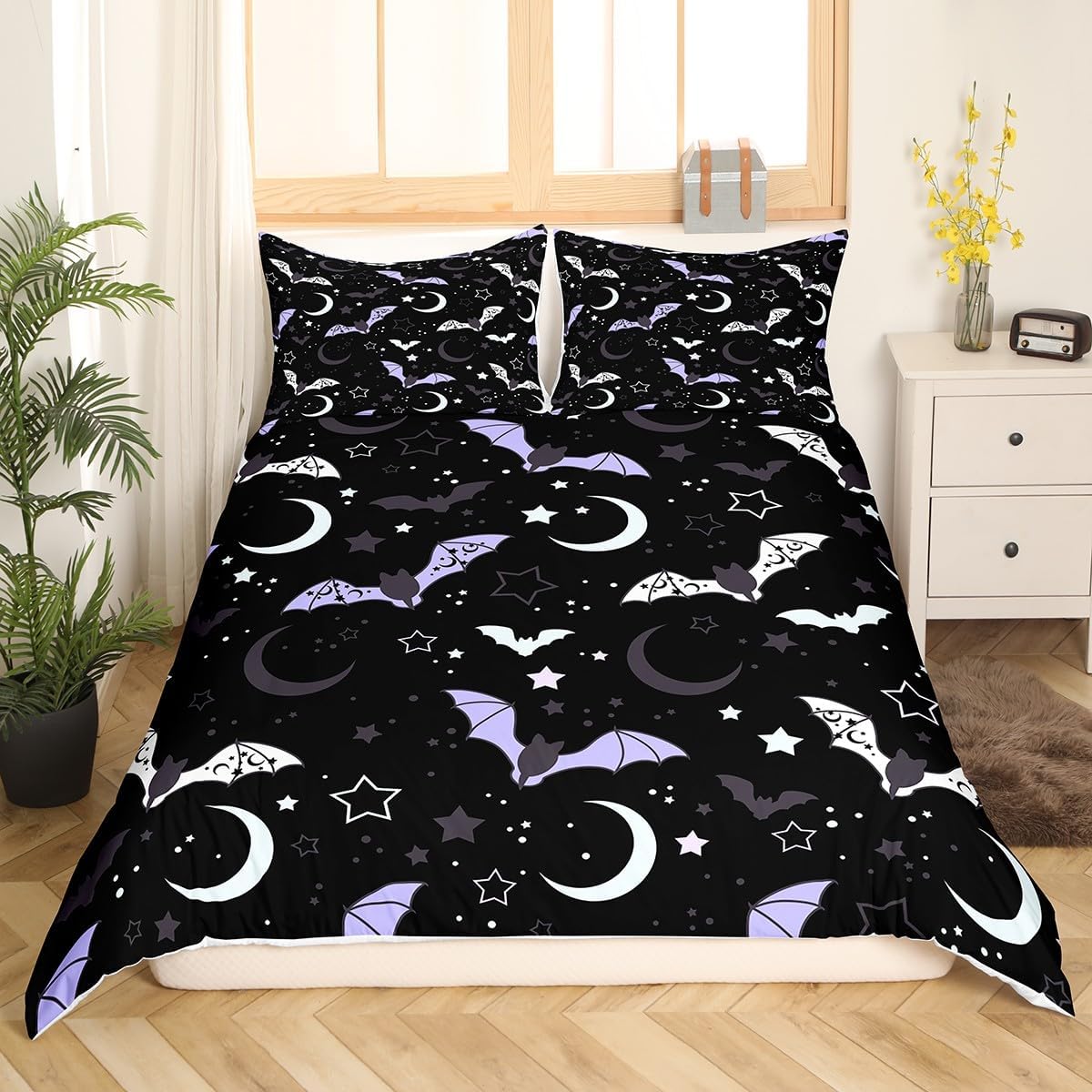 Feelyou Juego de funda de edredón con diseño de murciélagos, tamaño King, juego de ropa de cama de Halloween para niños y niñas, estampado de