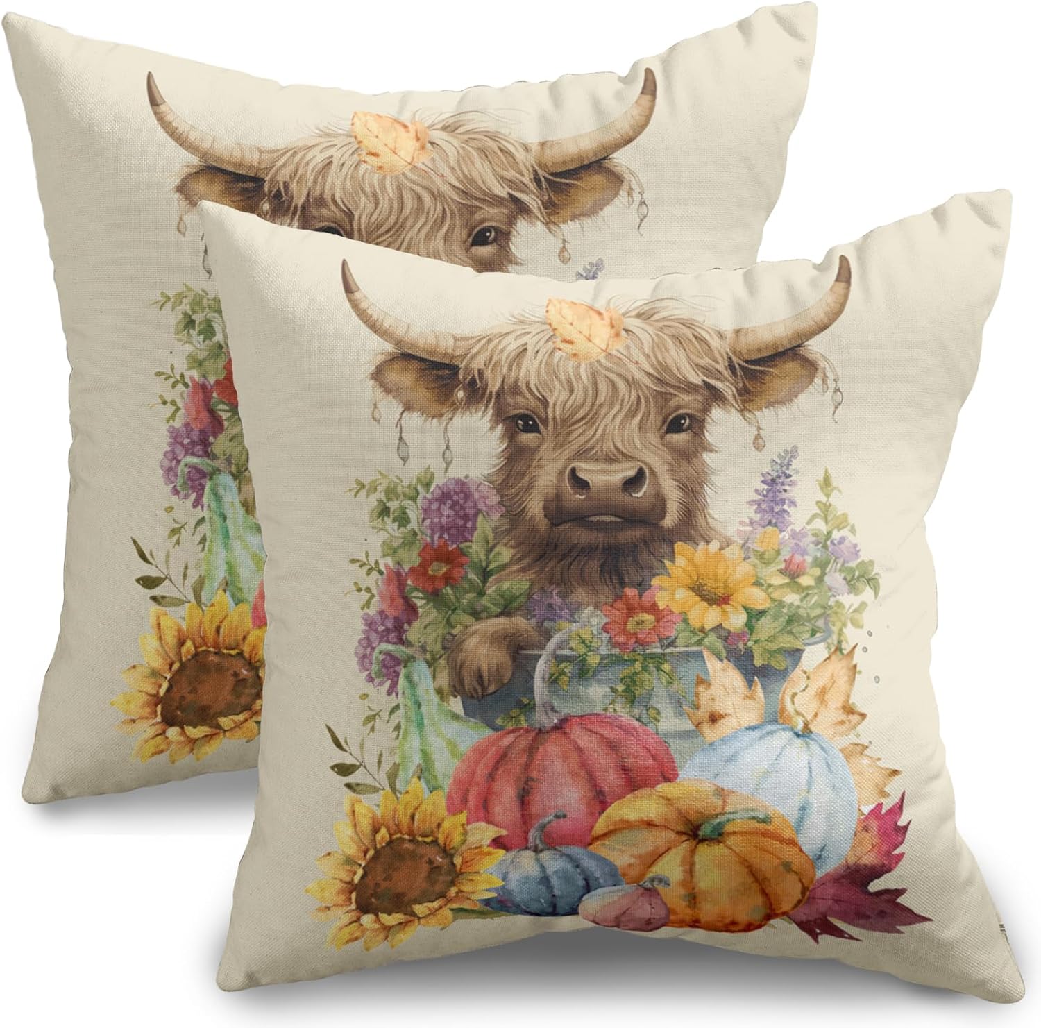 Juego de 2 fundas de almohada de otoño de 18 x 18 pulgadas, diseño colorido de calabaza, girasol, vaca, para exteriores, para Acción de Gracias,