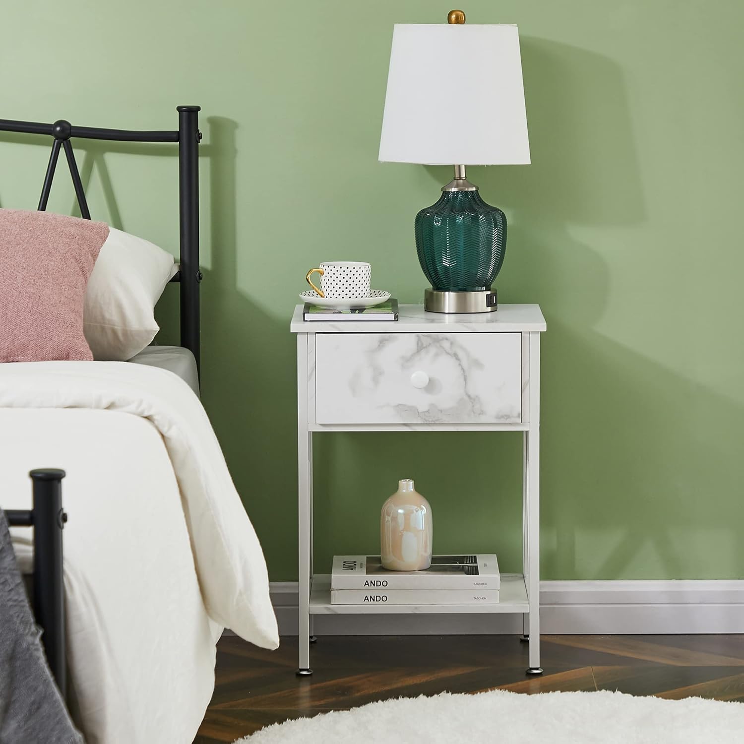 VECELO Mesita de noche, moderna mesita de noche, mesita de noche con cajón y estante de almacenamiento para sala de estar, dormitorio, marco de
