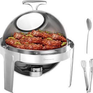 Juego de bufé de 6 cuartos de galón, platos redondos para bufé con tapa visible, utensilios de servir, chafers de acero inoxidable para catering Juego de bufé de 6 cuartos de galón, platos redondos para bufé con tapa visible, utensilios de servir, chafers de acero inoxidable para catering