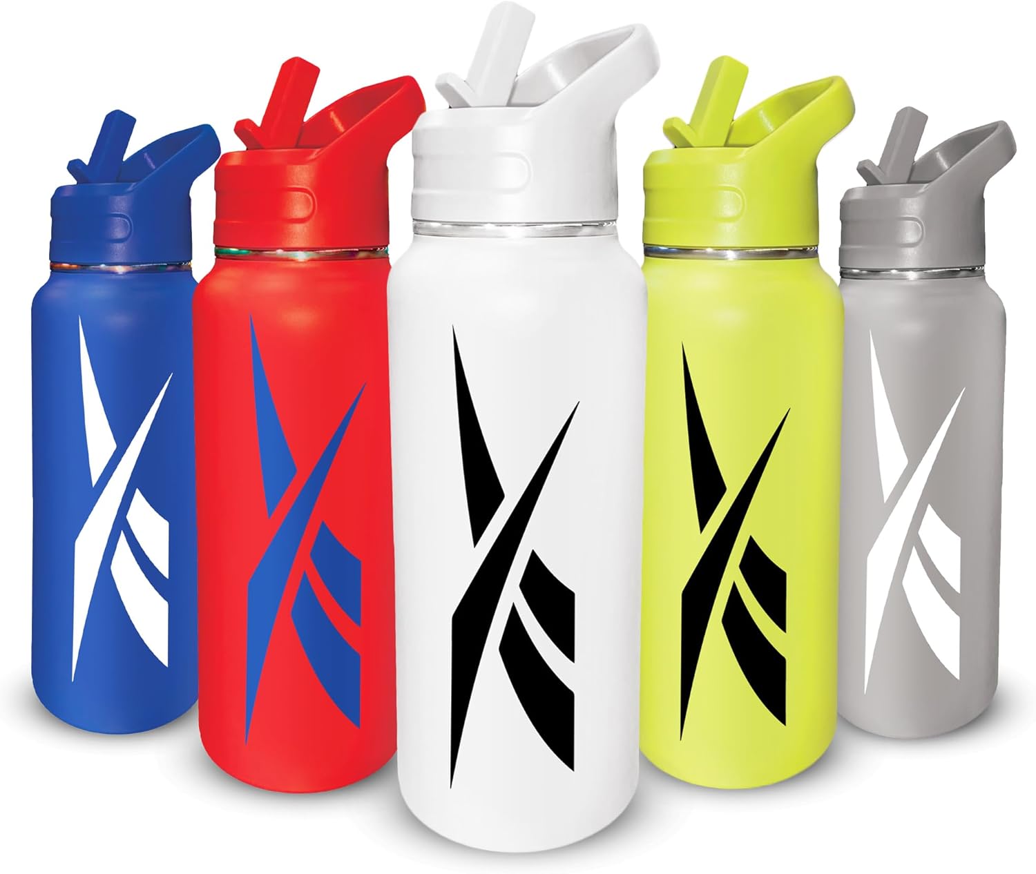 Reebok Botella de agua de acero inoxidable con tapa de popote y diseño atlético, 32 onzas, botella de agua deportiva aislada al vacío de doble pared