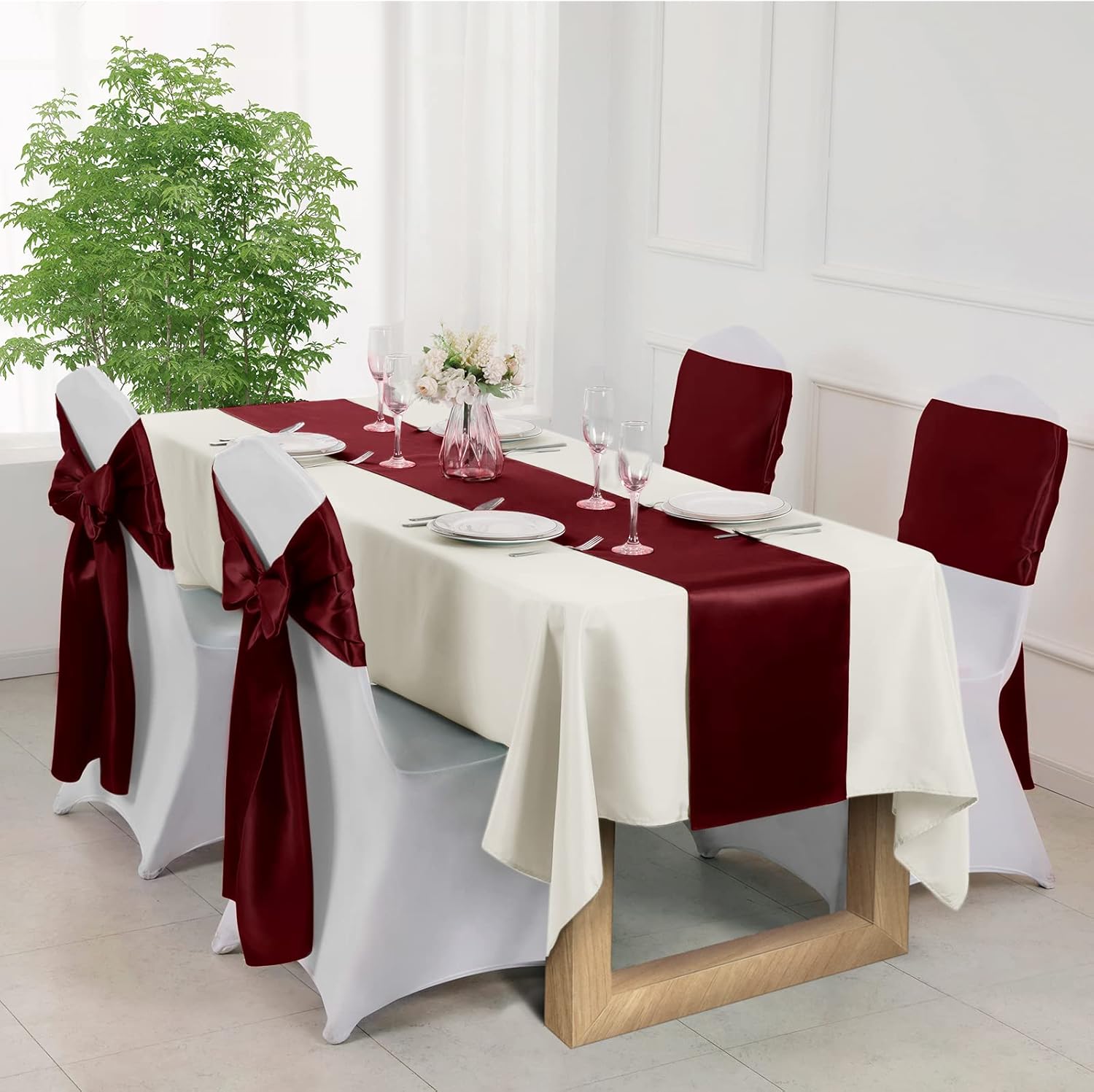 24 caminos de mesa color granate satinado  12 x 108 pulgadas de largo, camino de mesa para fiesta, decoración brillante y suave, decoración de boda,