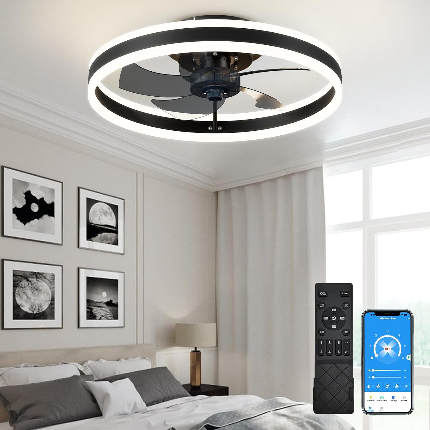 Ventilador de techo LED de perfil bajo de 19.7 pulgadas con luz, moderno, montaje empotrado semi-cerrado, aplicación inteligente y control remoto, 6