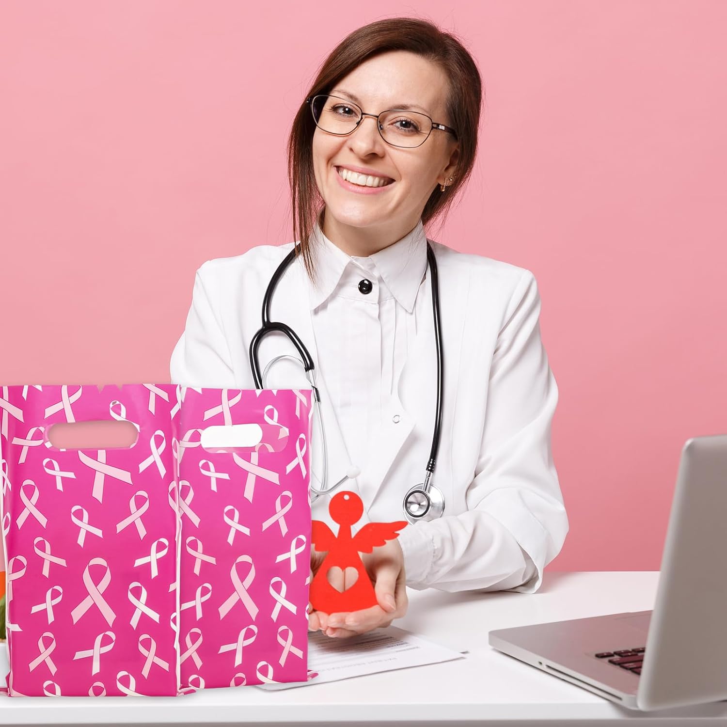 Whaline 72 bolsas de regalo para concientización sobre el cáncer de mama, bolsas de regalo de cinta rosa, bolsas de plástico para dulces, bolsas de