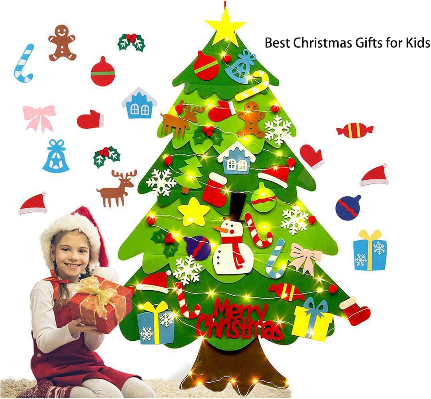 Juego de árbol de Navidad de fieltro para bricolaje, 32 piezas de adornos para colgar en la pared con luz LED, se puede reutilizar el árbol de