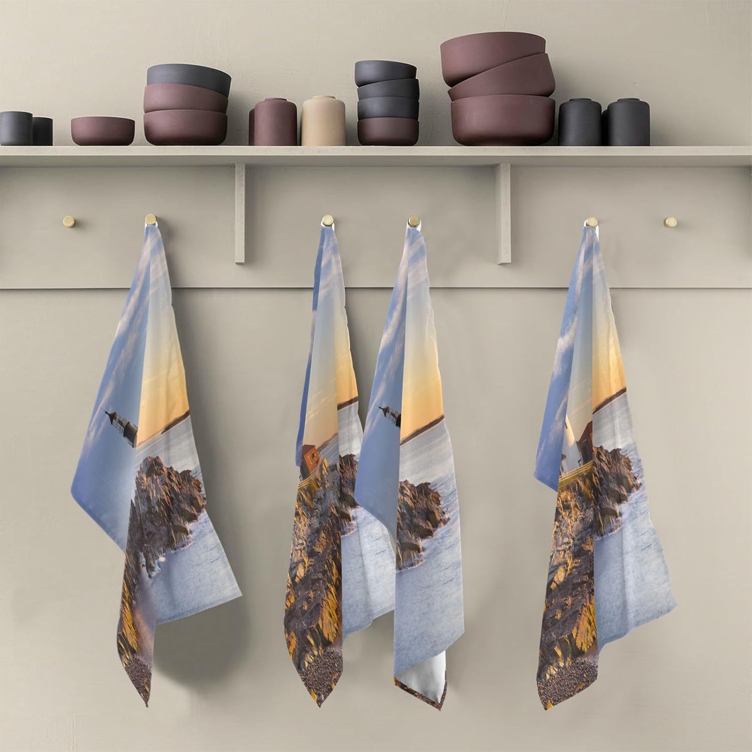 Paquete de 4 hermosos paños de cocina Lighthouse altamente absorbentes, súper suaves, de 18 x 28 pulgadas, reutilizables, de secado rápido, juego