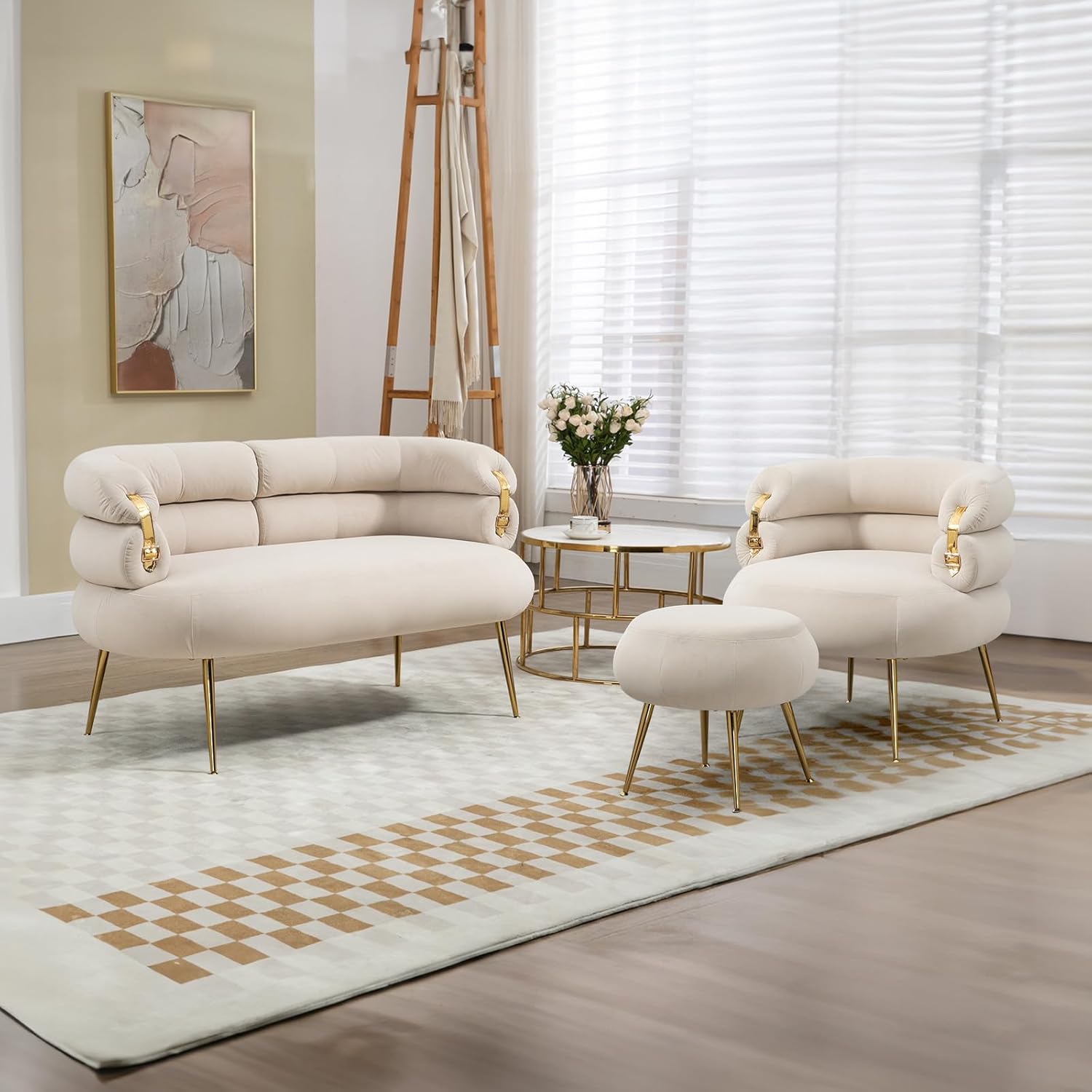 Antetek Moderno sofá biplaza de terciopelo, sillón tapizado con elegante decoración dorada, pequeño y cómodo sofá de descanso para sala de estar,
