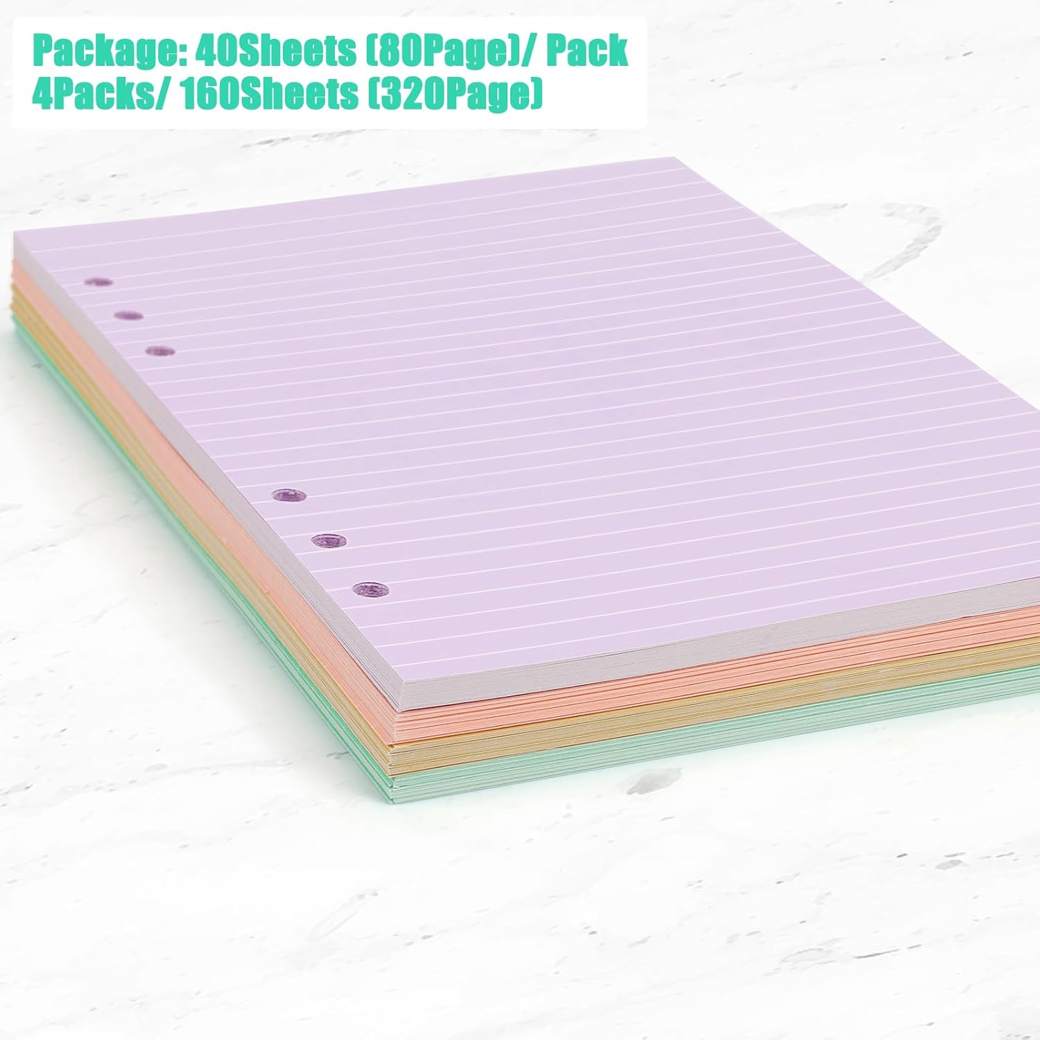 Papel de repuesto colorido A5, paquete de 4 4 colores, 160 hojas y 320 páginas, papel de hojas sueltas A5, papel de repuesto para cuaderno de 6
